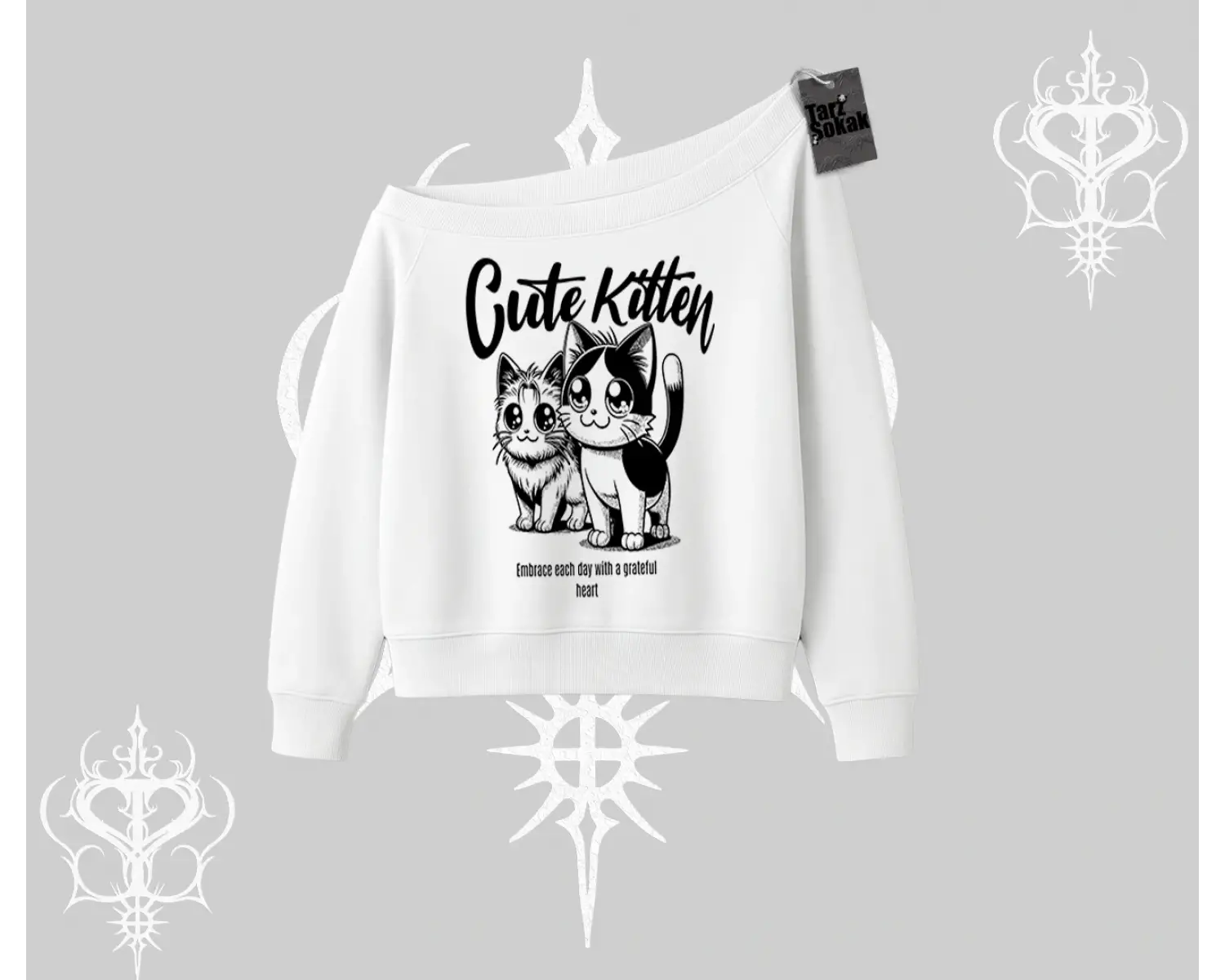 Cute Kitten Yazılı Sevimli Kedi Baskılı Kayık Yaka Sweatshirt