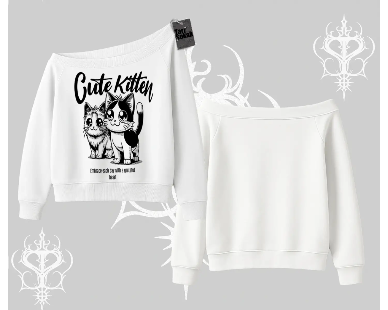 Cute Kitten Yazılı Sevimli Kedi Baskılı Kayık Yaka Sweatshirt