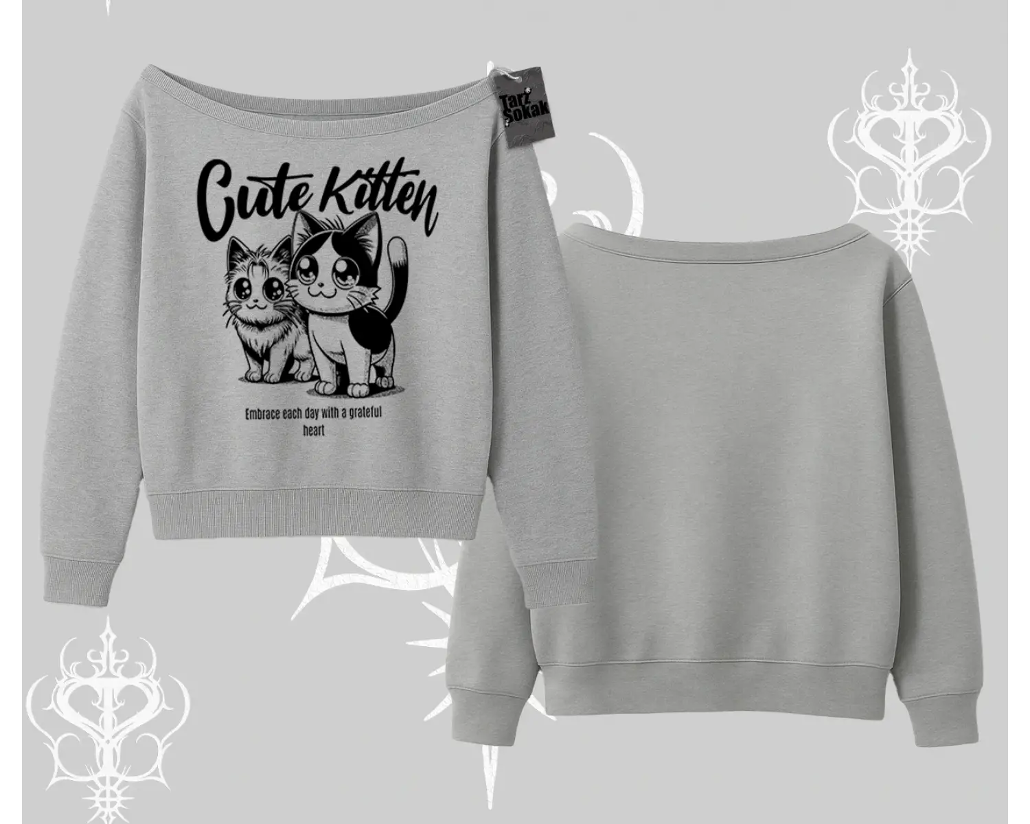 Cute Kitten Yazılı Sevimli Kedi Baskılı Kayık Yaka Sweatshirt