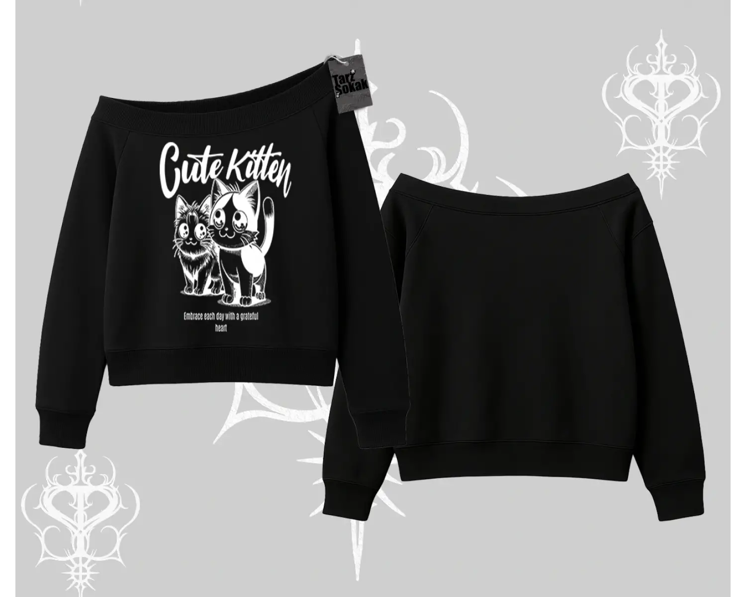 Cute Kitten Yazılı Sevimli Kedi Baskılı Kayık Yaka Sweatshirt
