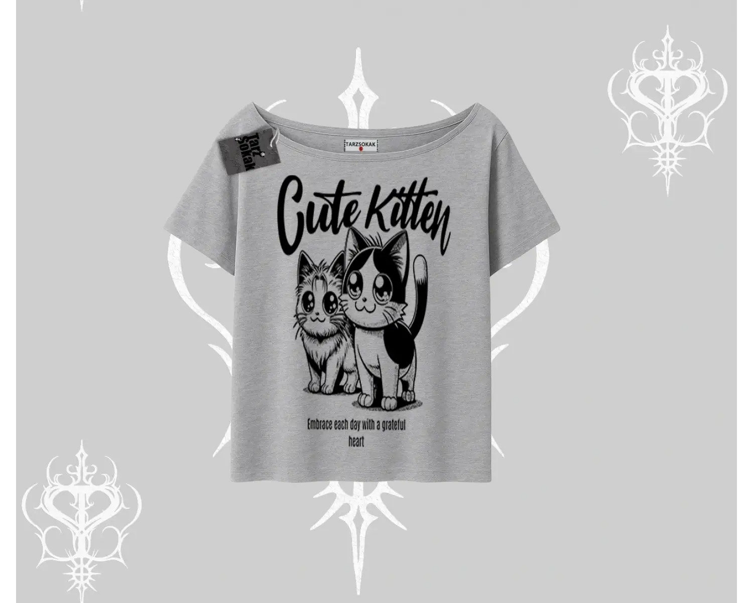 Cute Kitten Yazılı Sevimli Kedi Baskılı Kayık Yaka Tshirt