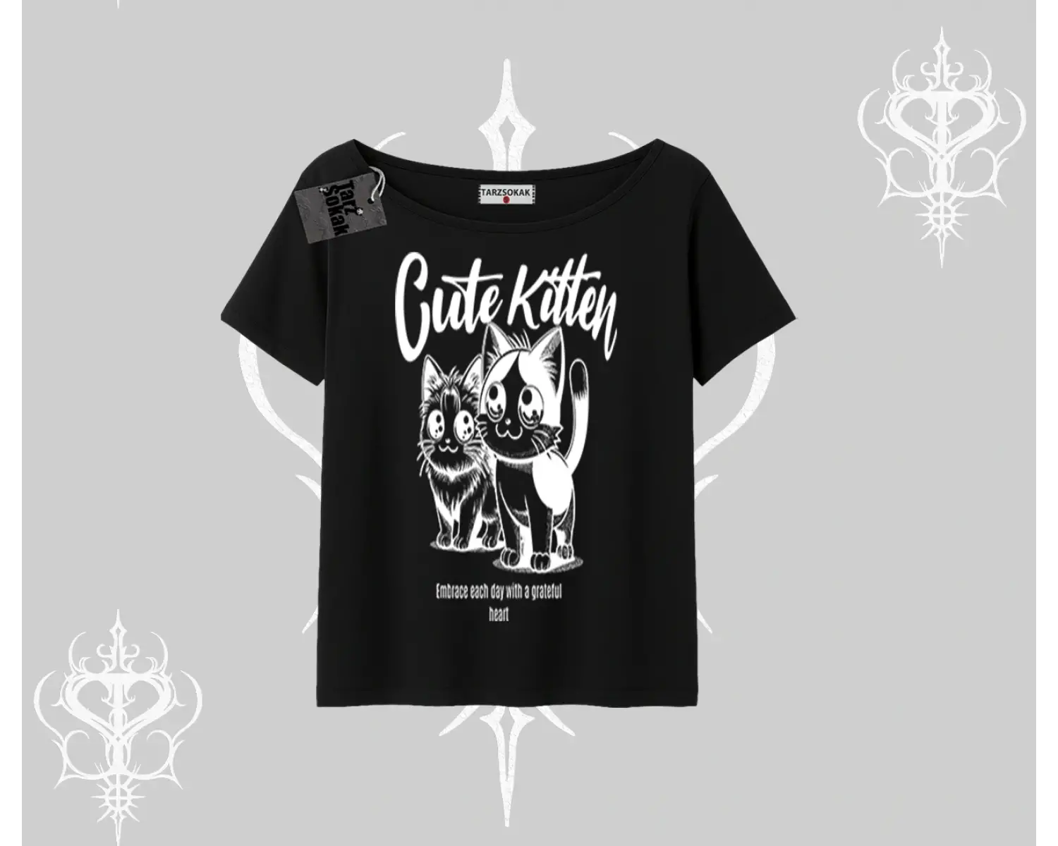 Cute Kitten Yazılı Sevimli Kedi Baskılı Kayık Yaka Tshirt