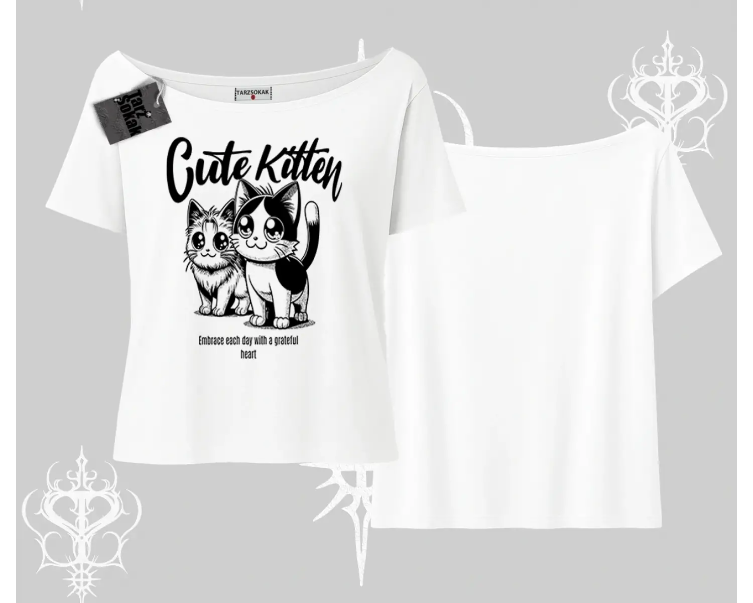 Cute Kitten Yazılı Sevimli Kedi Baskılı Kayık Yaka Tshirt