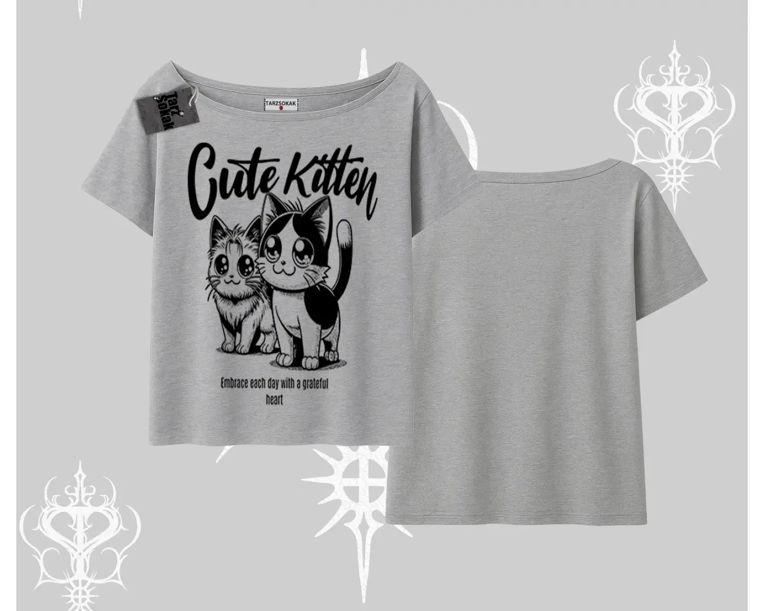Cute Kitten Yazılı Sevimli Kedi Baskılı Kayık Yaka Tshirt