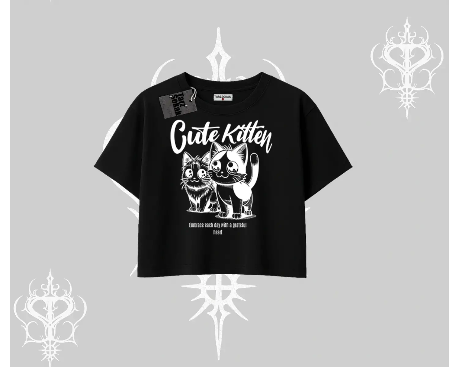 Cute Kitten Yazılı Sevimli Kedi Baskılı Oversize Crop Tshirt