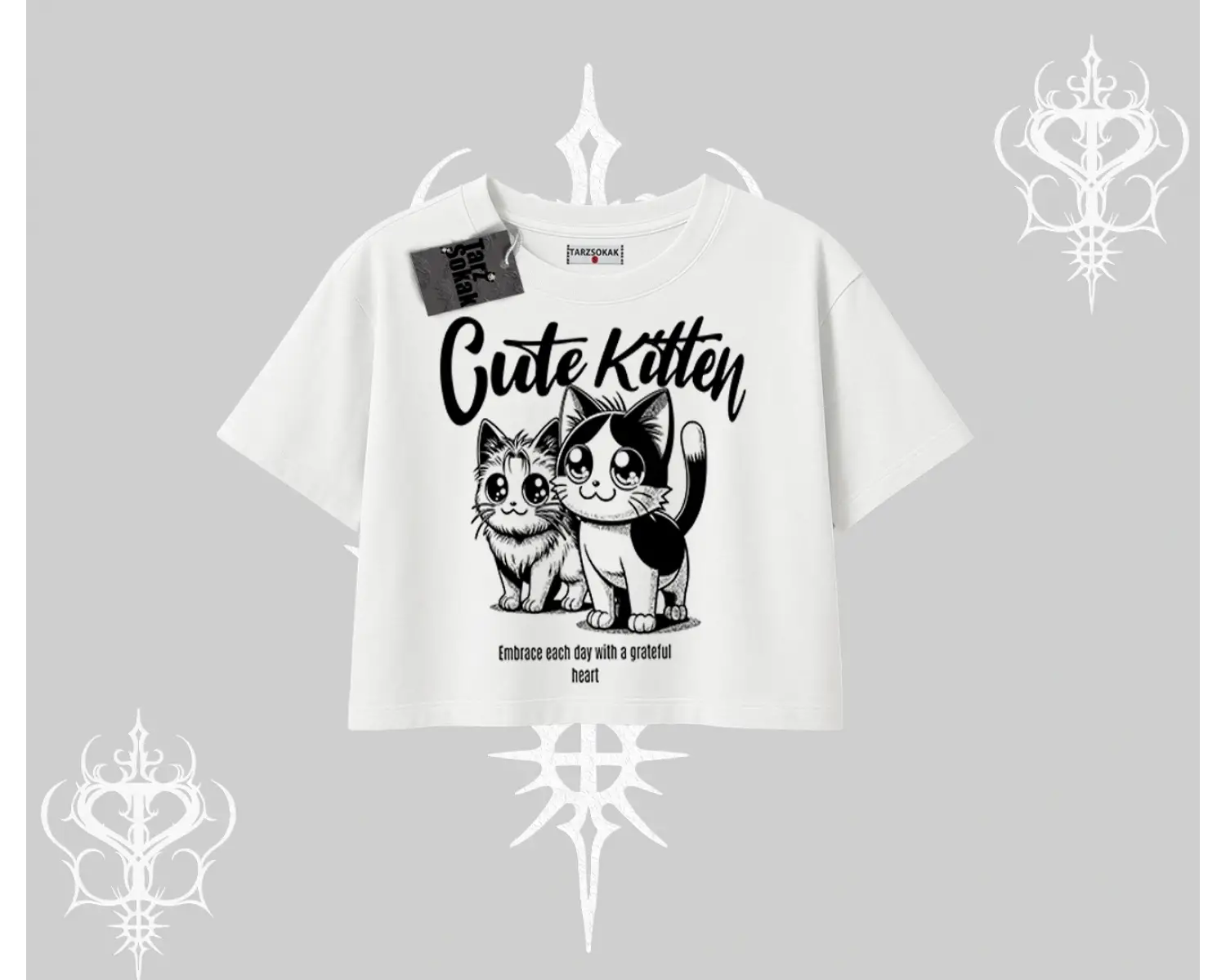 Cute Kitten Yazılı Sevimli Kedi Baskılı Oversize Crop Tshirt