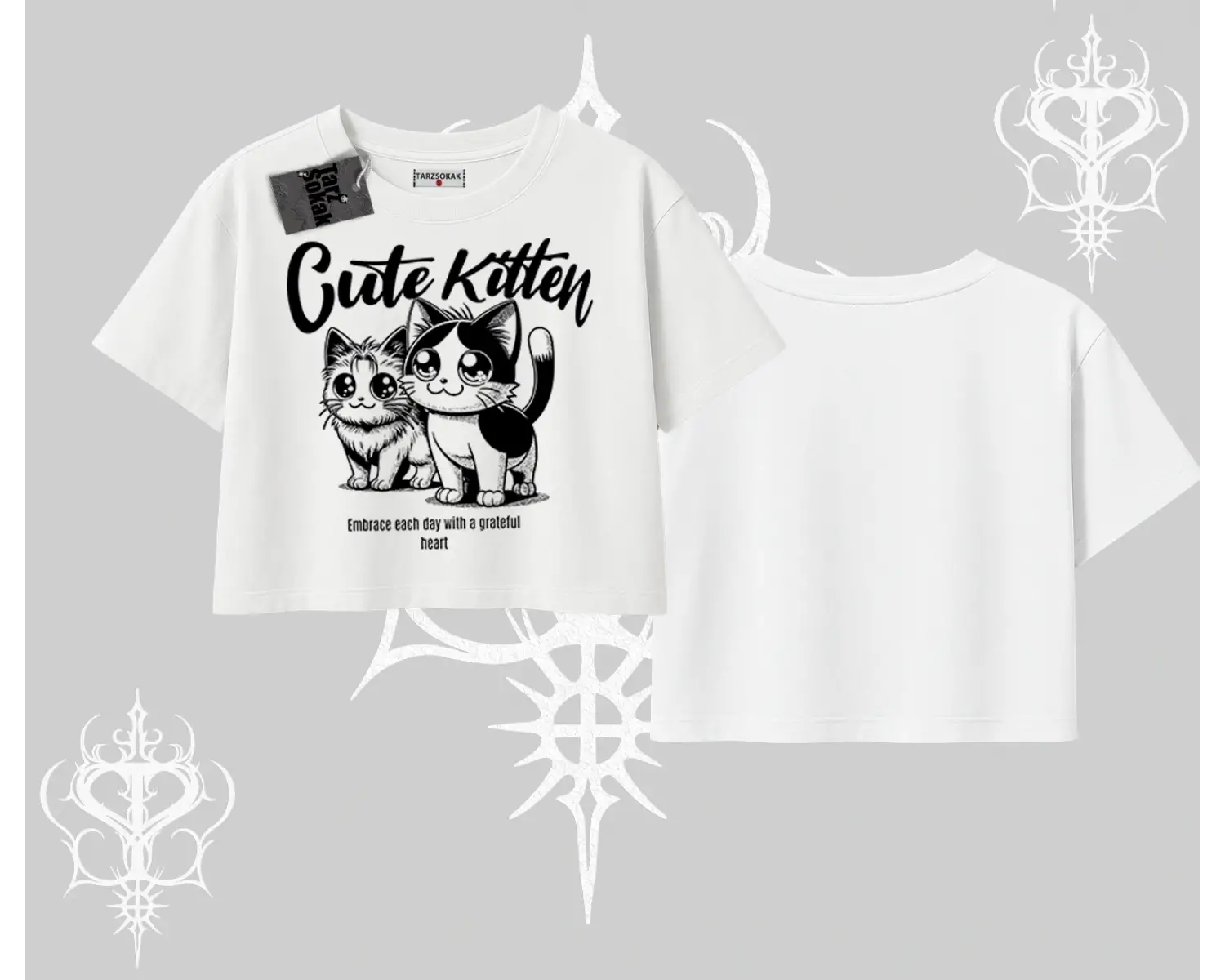Cute Kitten Yazılı Sevimli Kedi Baskılı Oversize Crop Tshirt