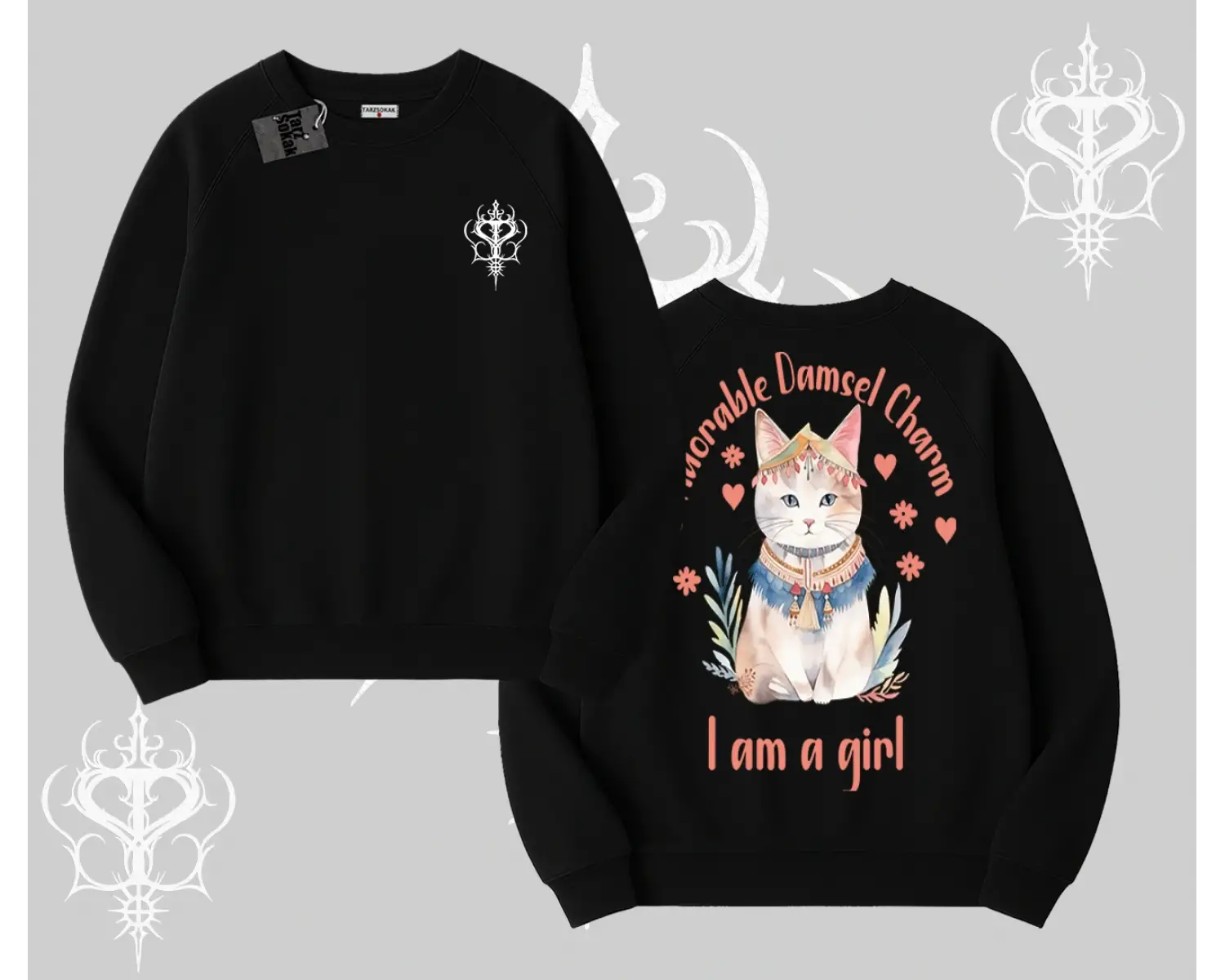 Cute Princess Kedi Tasarımlı Arka Baskılı Biskilet Sweatshirt