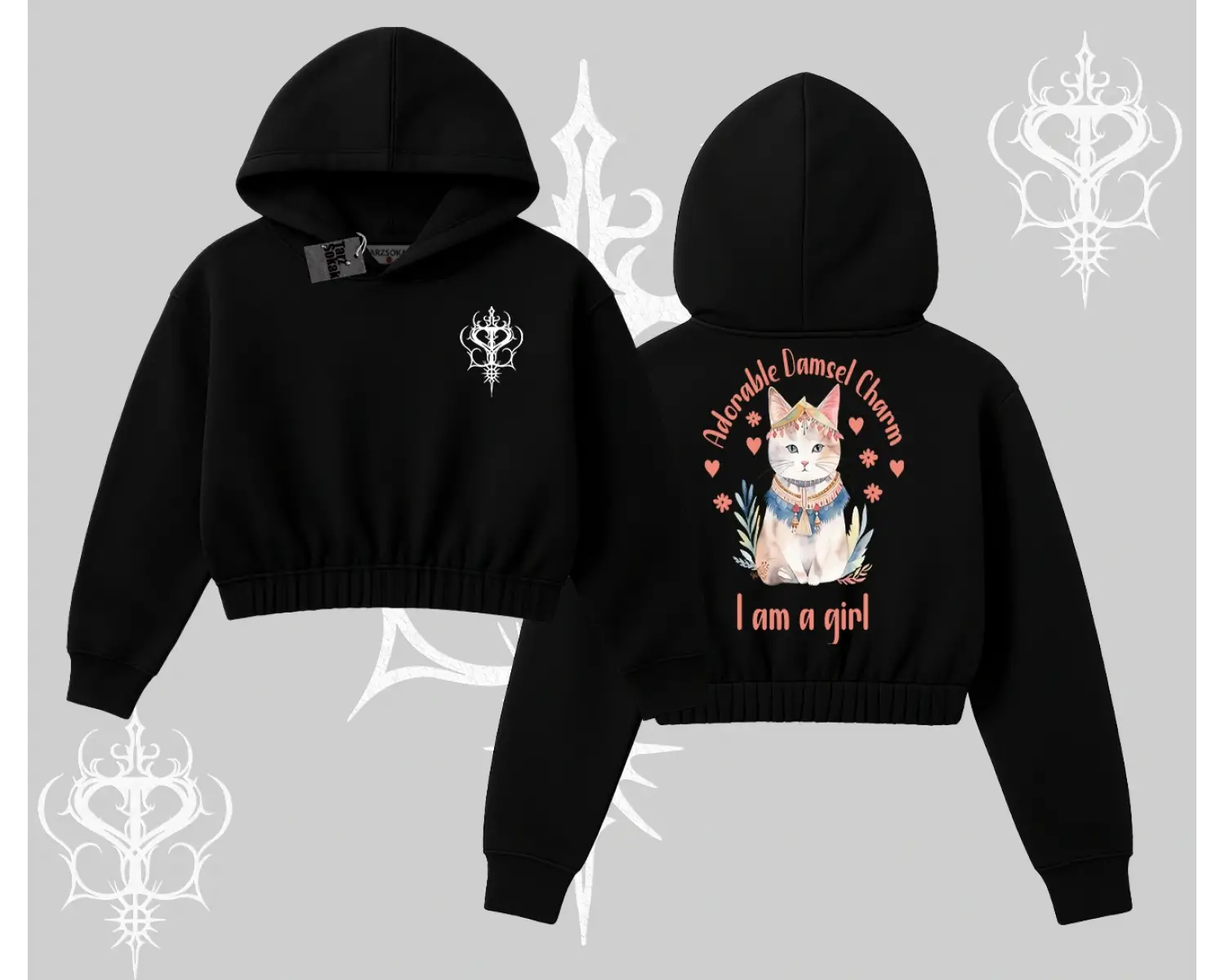 Cute Princess Kedi Tasarımlı Arka Baskılı Kapşonlu Crop Sweatshirt