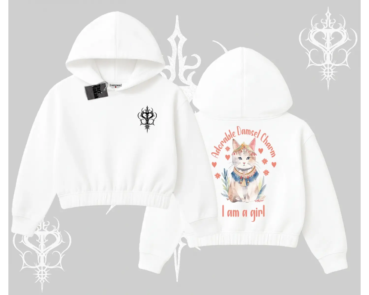 Cute Princess Kedi Tasarımlı Arka Baskılı Kapşonlu Crop Sweatshirt