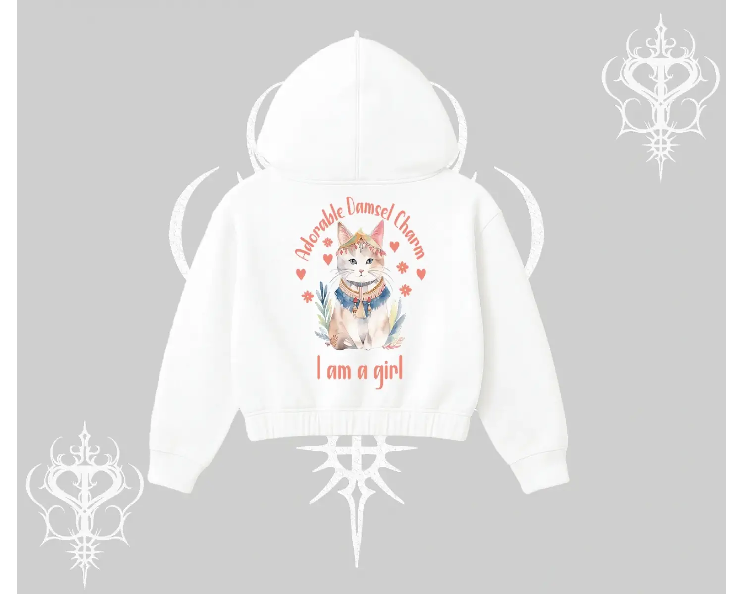 Cute Princess Kedi Tasarımlı Arka Baskılı Kapşonlu Crop Sweatshirt