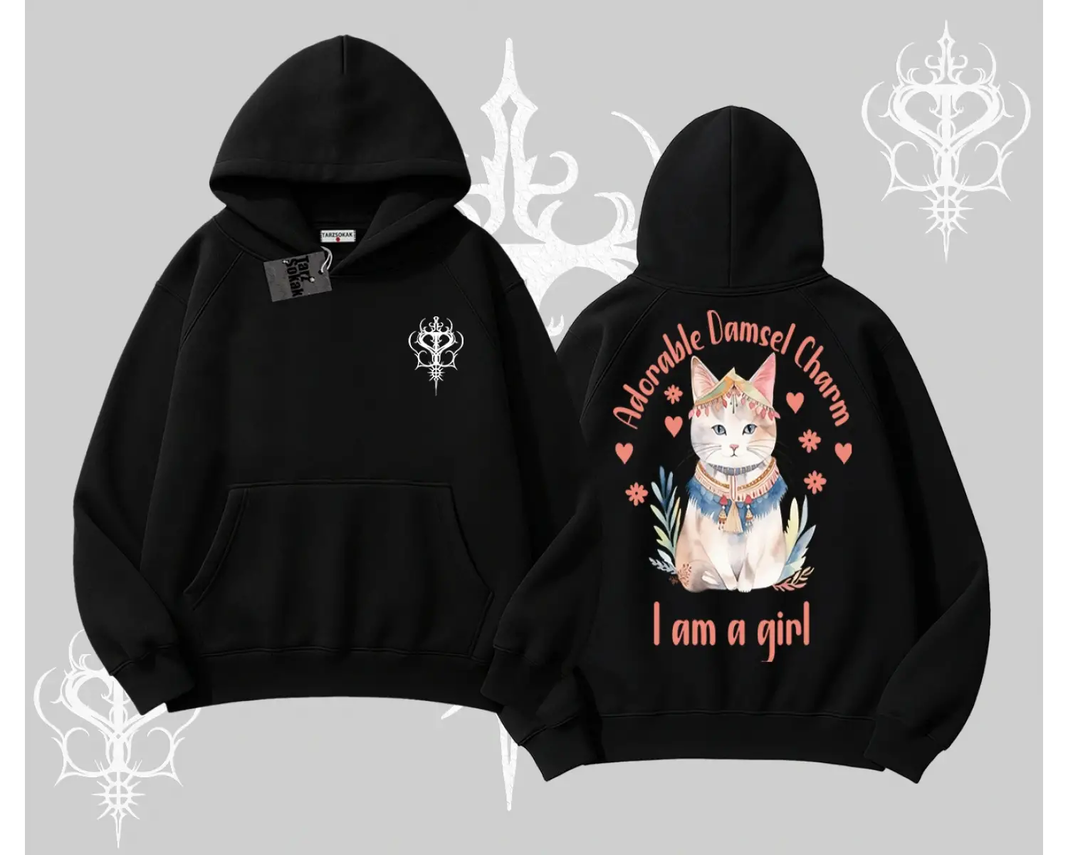 Cute Princess Kedi Tasarımlı Arka Baskılı Kapşonlu Sweatshirt