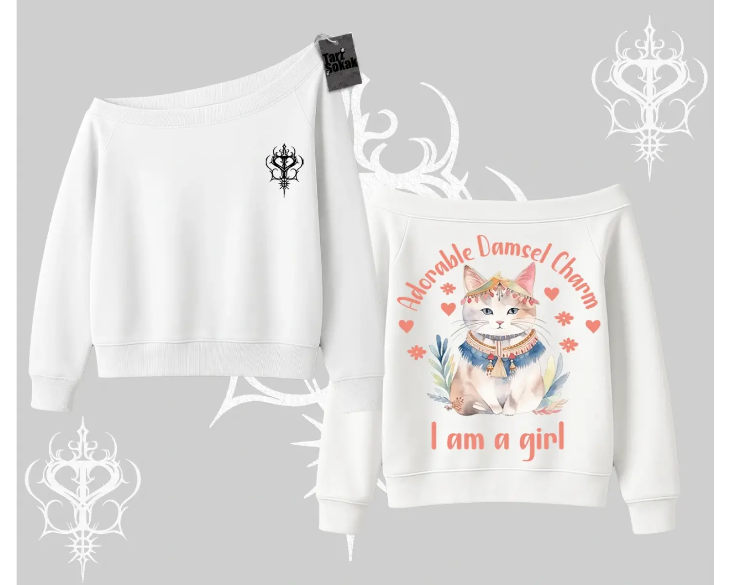 Cute Princess Kedi Tasarımlı Arka Baskılı Kayık Yaka Sweatshirt