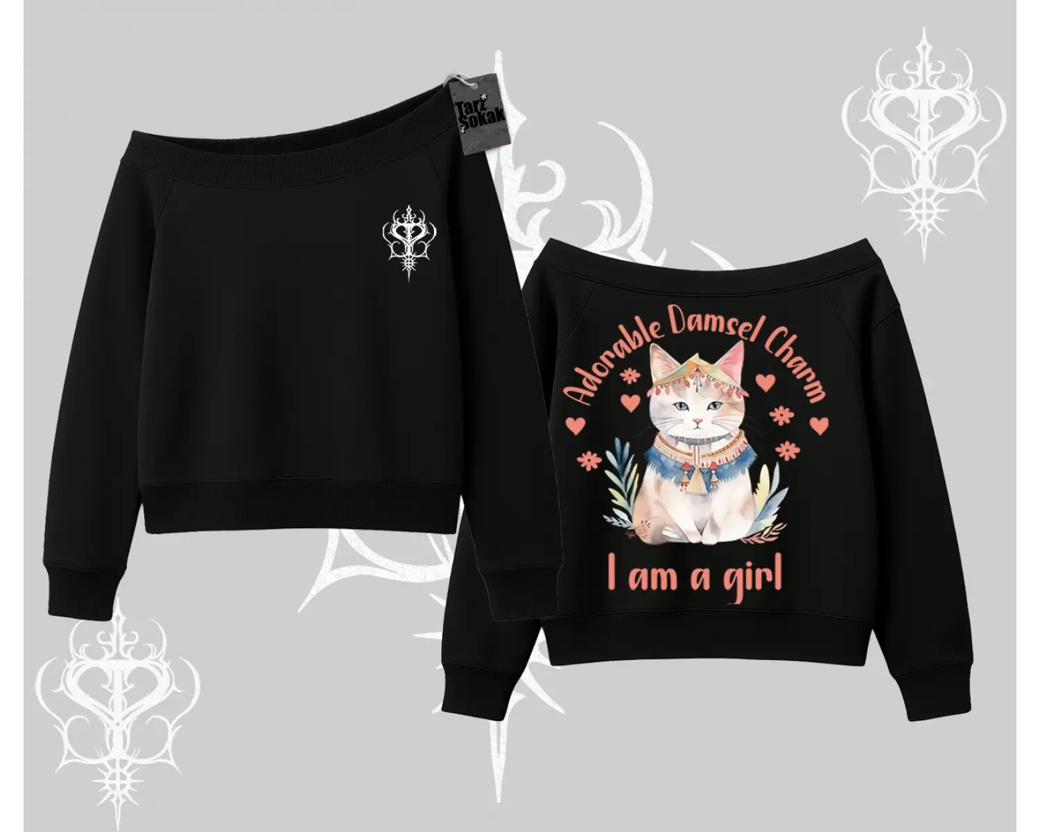 Cute Princess Kedi Tasarımlı Arka Baskılı Kayık Yaka Sweatshirt