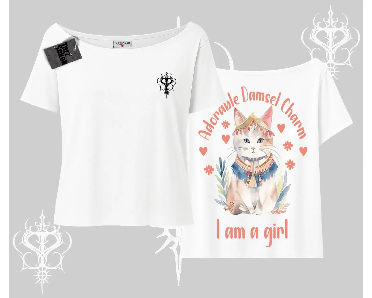 Cute Princess Kedi Tasarımlı Arka Baskılı Kayık Yaka Tshirt