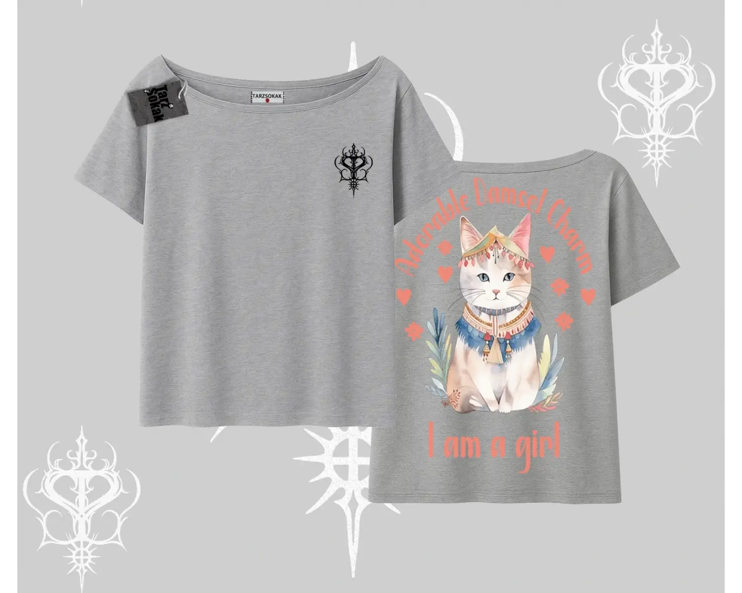 Cute Princess Kedi Tasarımlı Arka Baskılı Kayık Yaka Tshirt