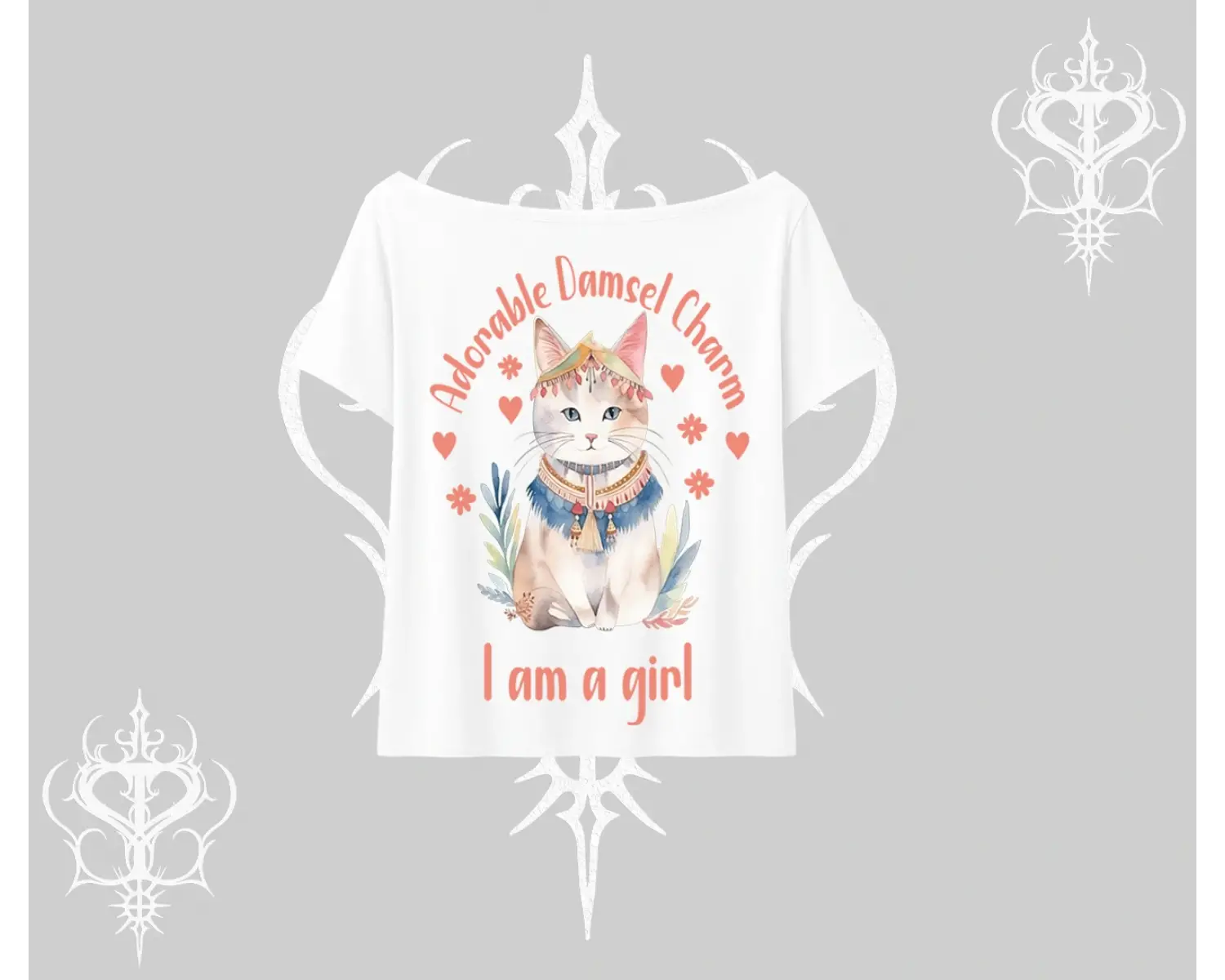 Cute Princess Kedi Tasarımlı Arka Baskılı Kayık Yaka Tshirt