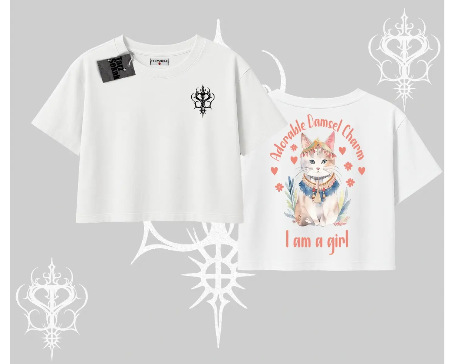 Cute Princess Kedi Tasarımlı Arka Baskılı Oversize Crop Tshirt