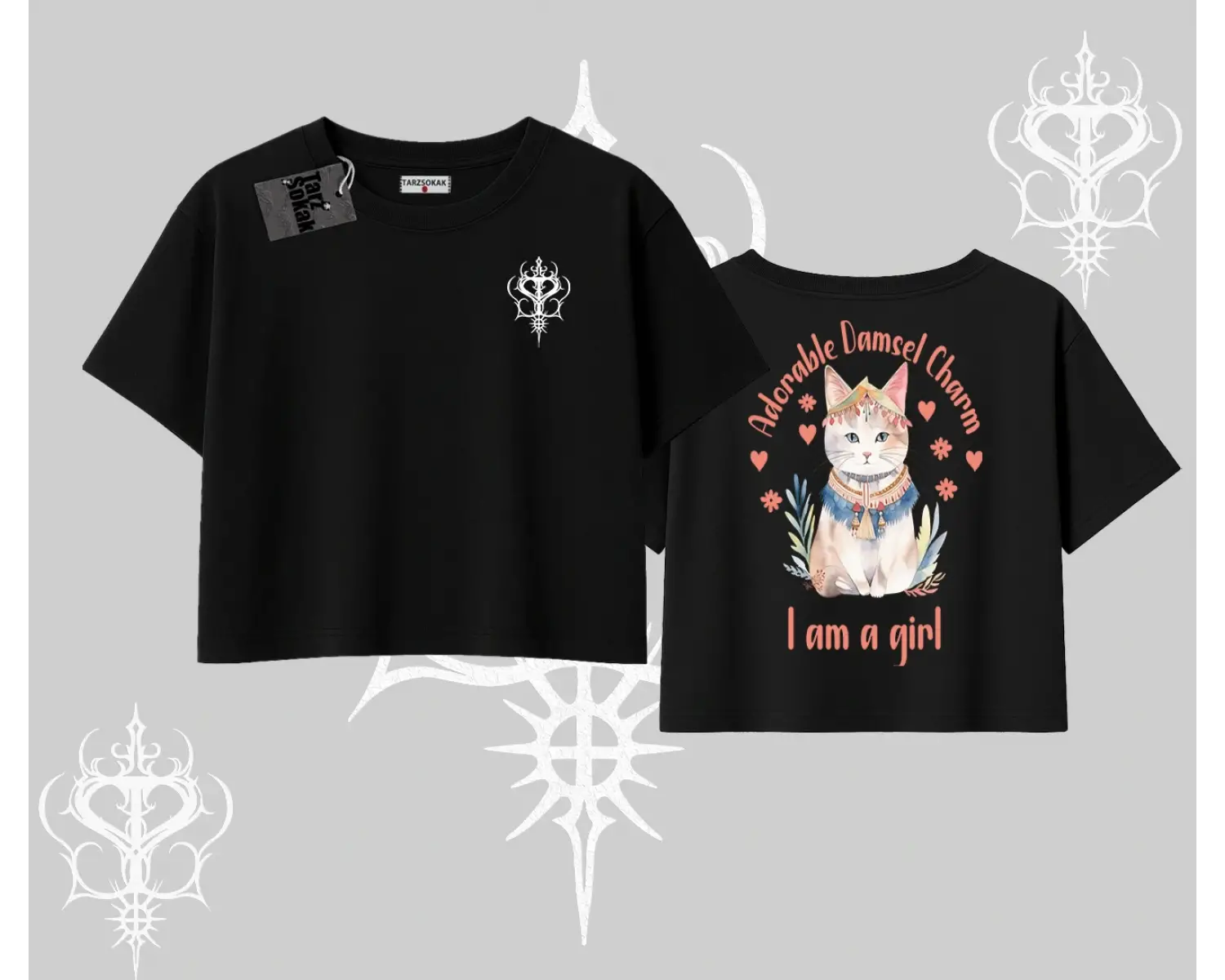 Cute Princess Kedi Tasarımlı Arka Baskılı Oversize Crop Tshirt