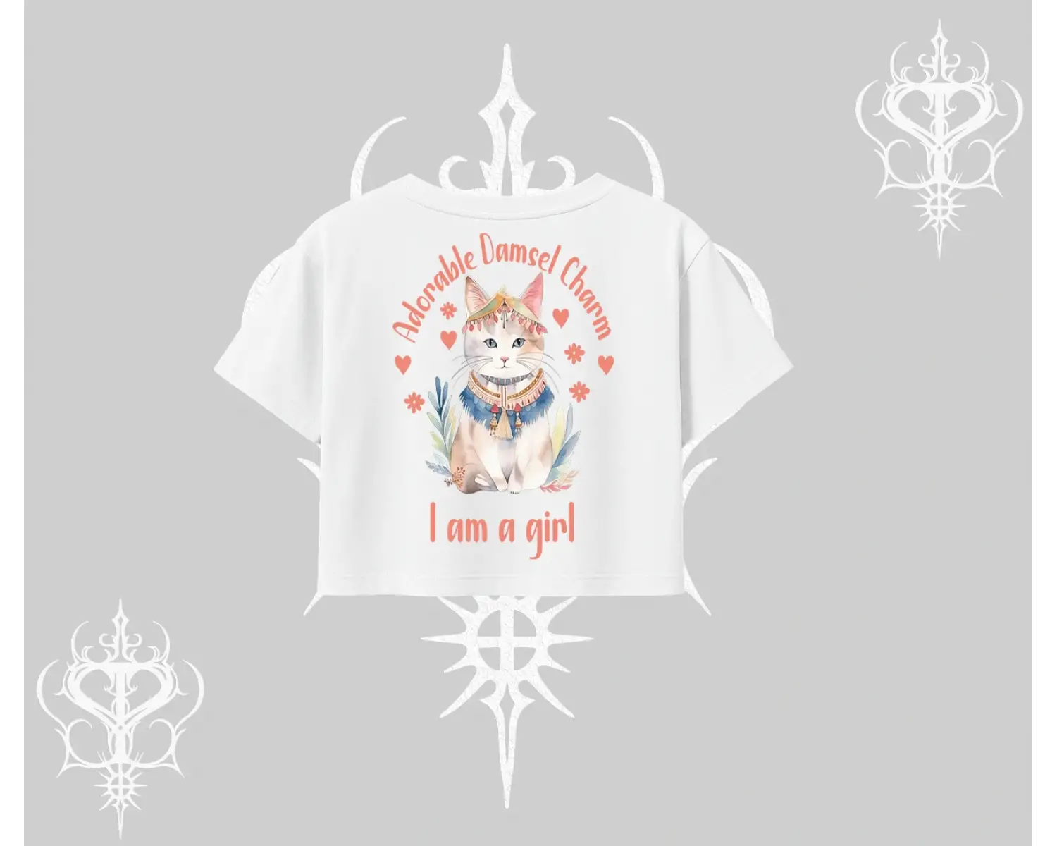 Cute Princess Kedi Tasarımlı Arka Baskılı Oversize Crop Tshirt