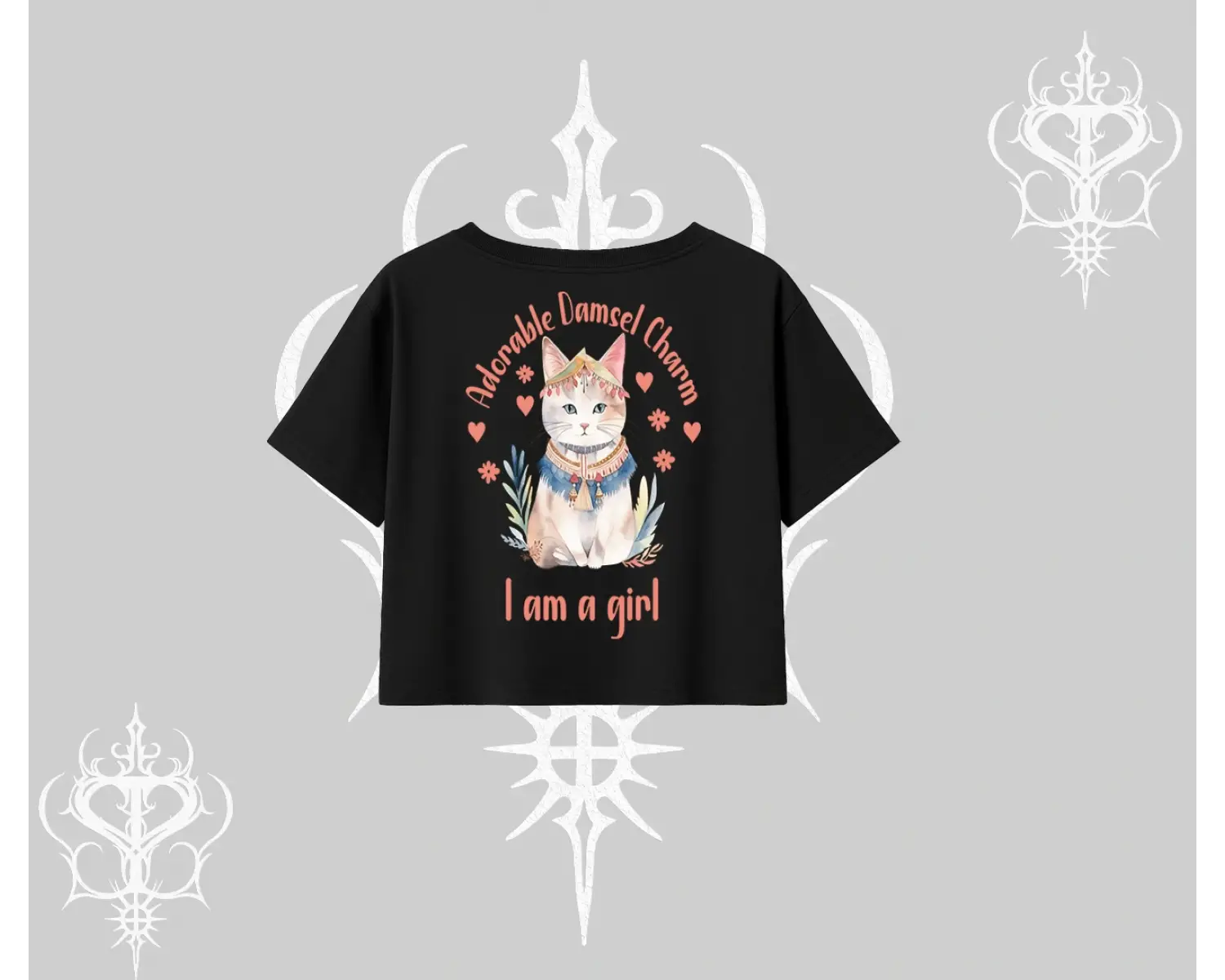 Cute Princess Kedi Tasarımlı Arka Baskılı Oversize Crop Tshirt