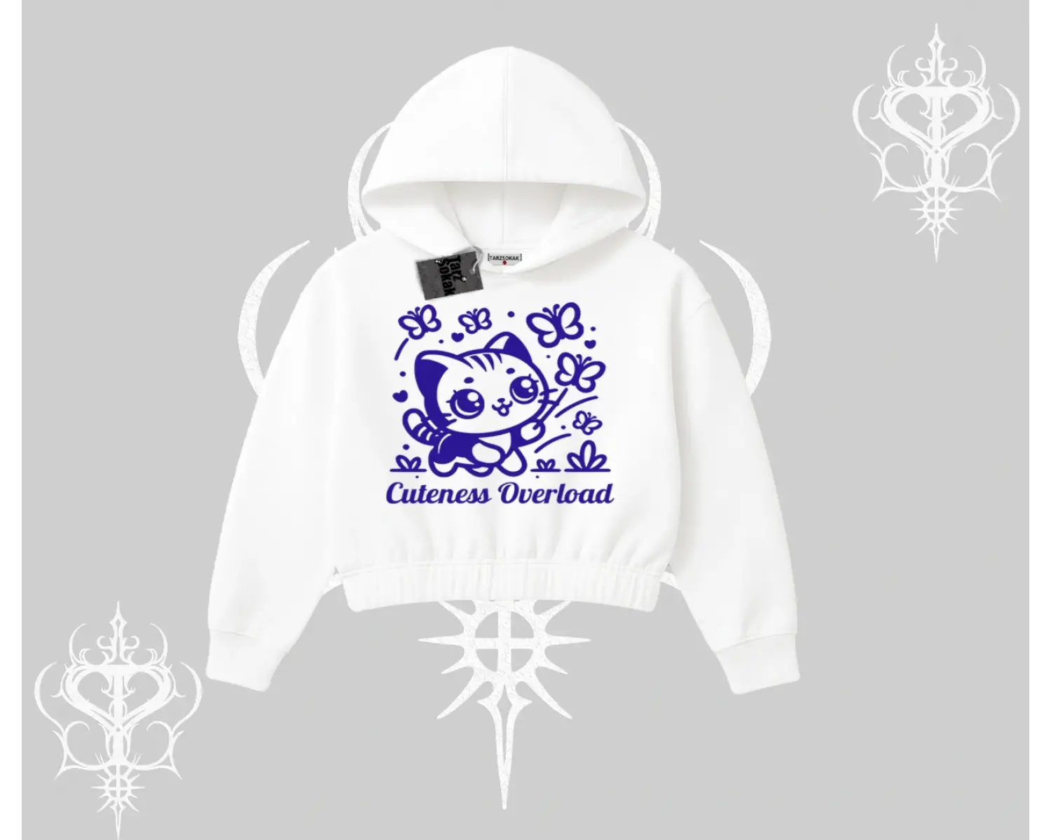 Cuteness Overload Kedi Baskılı Kapşonlu Crop Sweatshirt