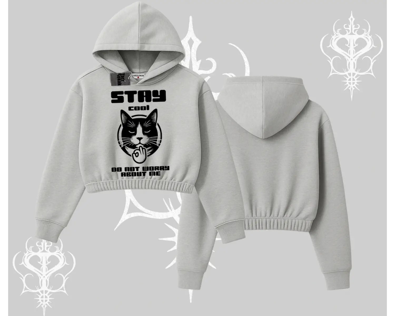 Cuteness Overload Kedi Baskılı Kapşonlu Crop Sweatshirt