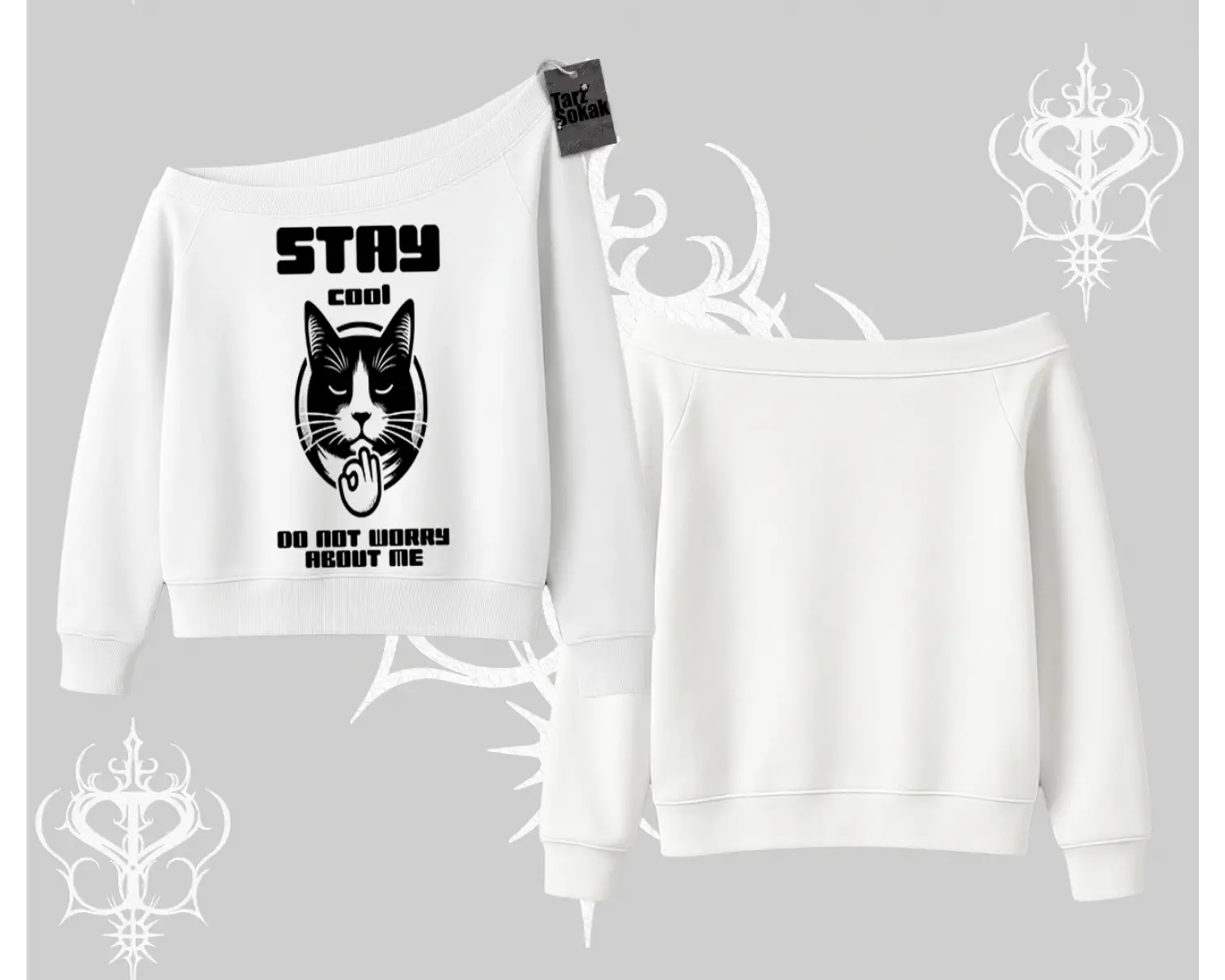 Cuteness Overload Kedi Baskılı Kapşonlu Crop Sweatshirt