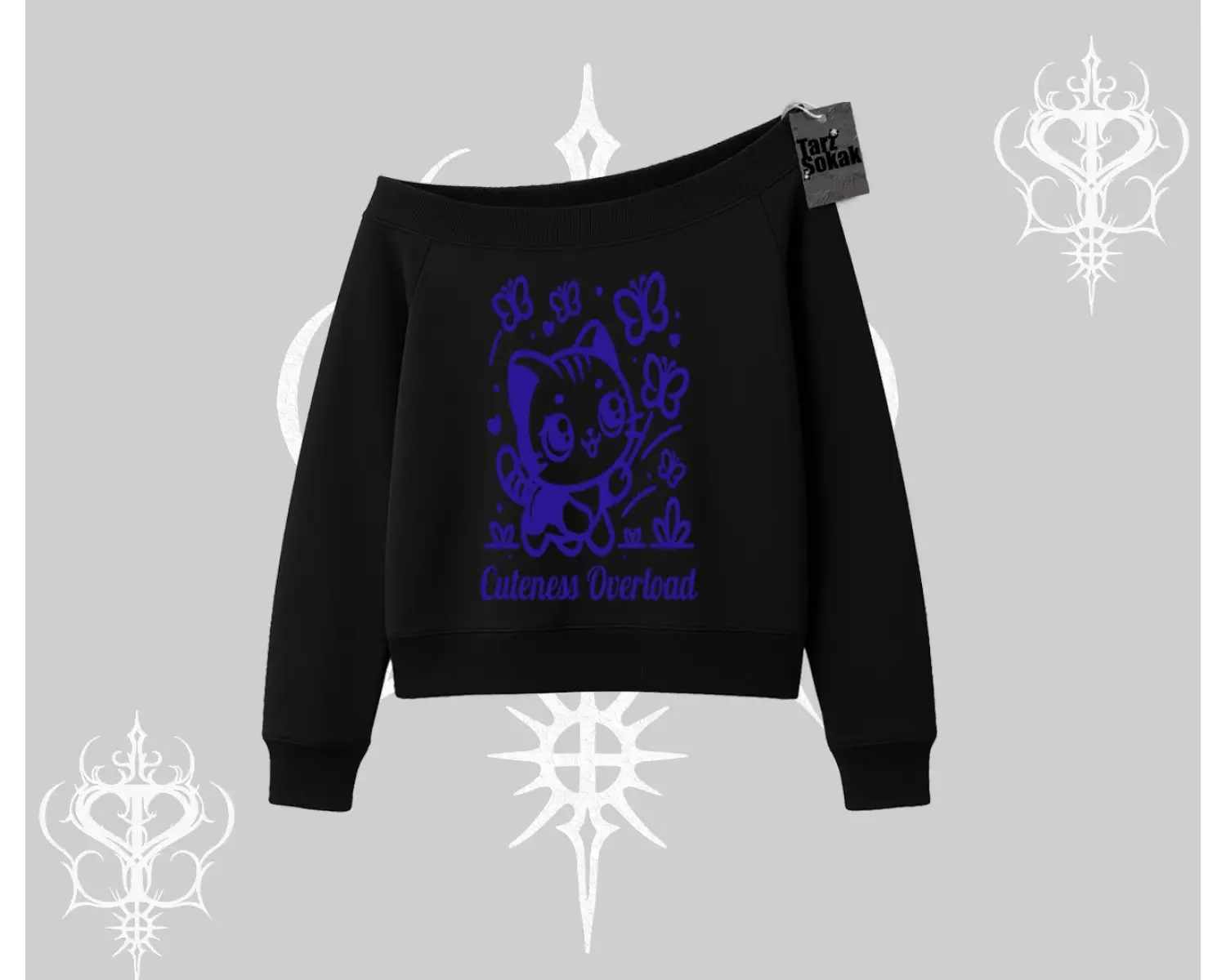 Cuteness Overload Kedi Baskılı Kayık Yaka Sweatshirt