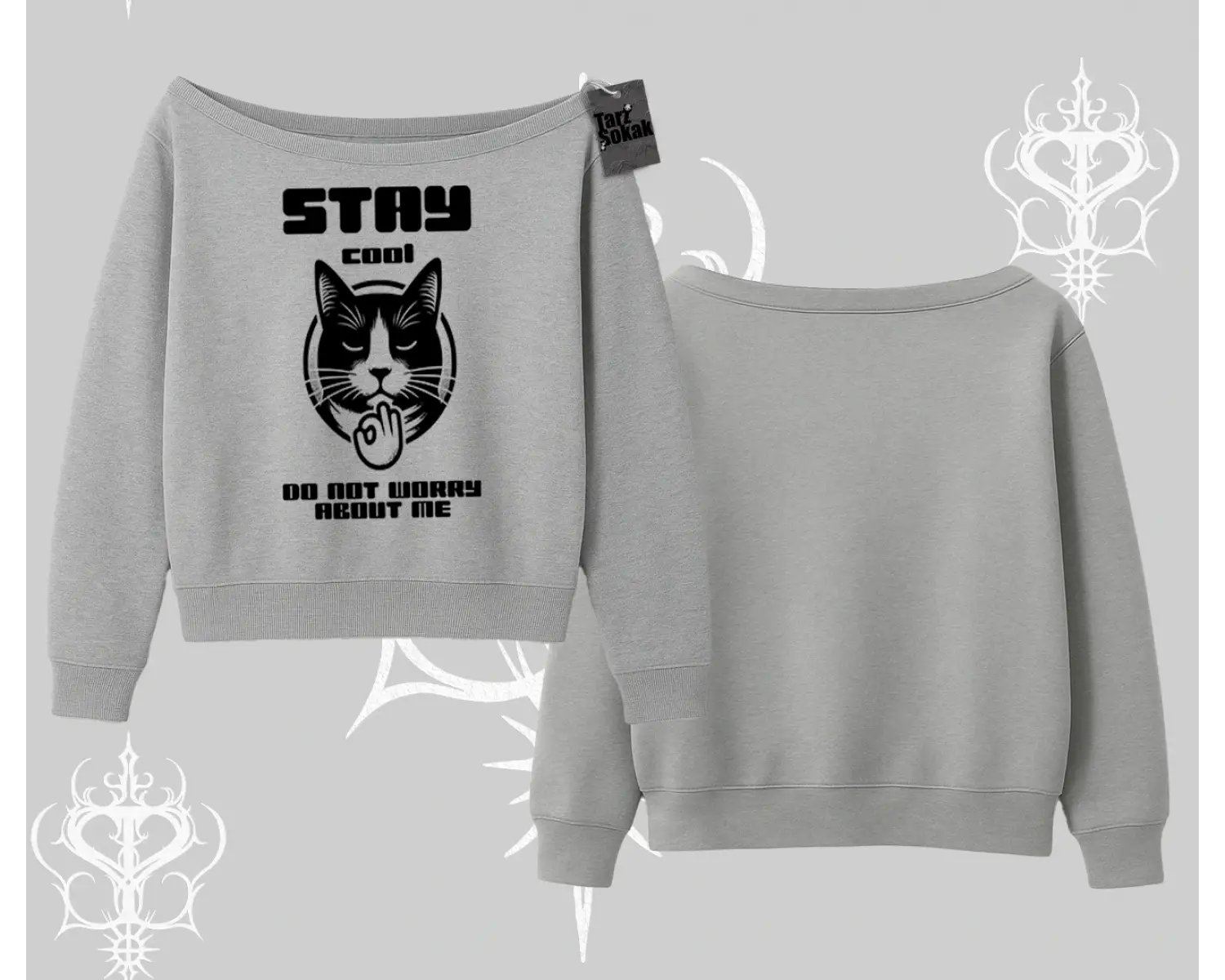 Cuteness Overload Kedi Baskılı Kayık Yaka Sweatshirt