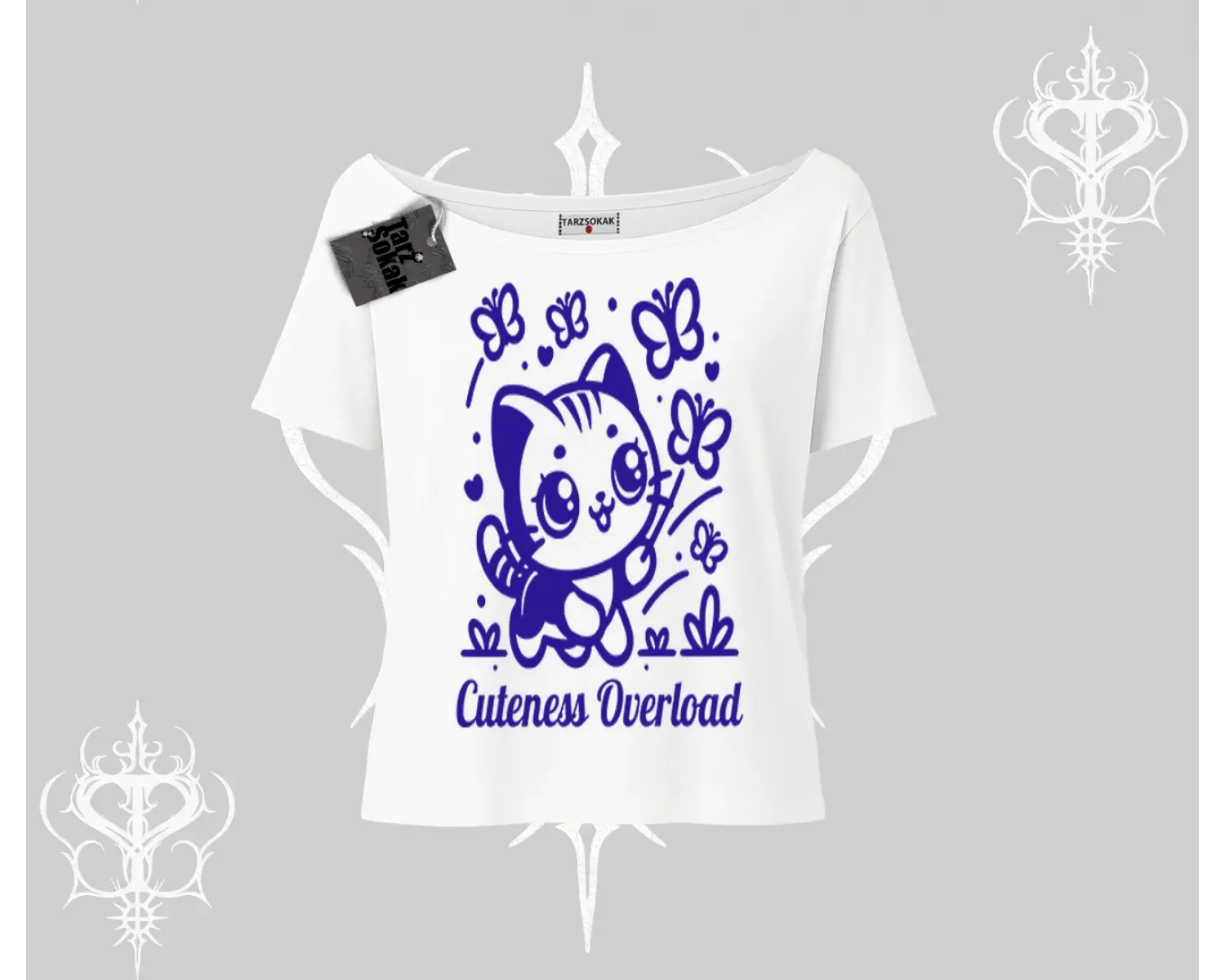 Cuteness Overload Kedi Baskılı Kayık Yaka Tshirt