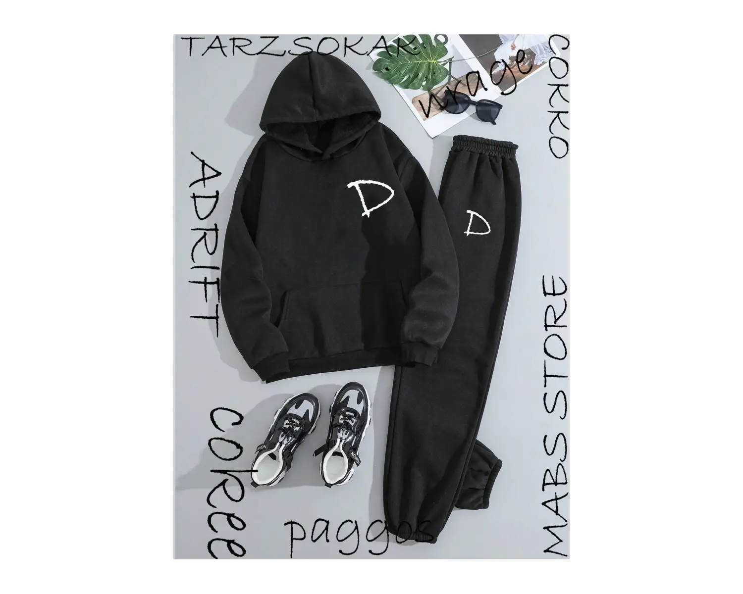 D harfli 2 li Kapşonlu Eşofman Takımı