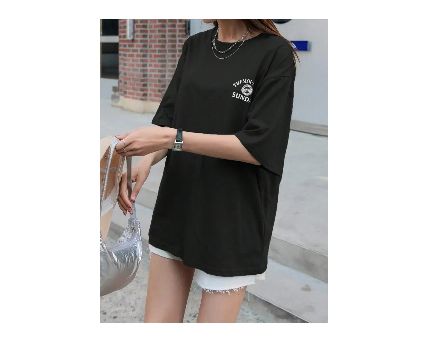 Dağ & Slogan Grafikli Düşük Omuzlu Tişört