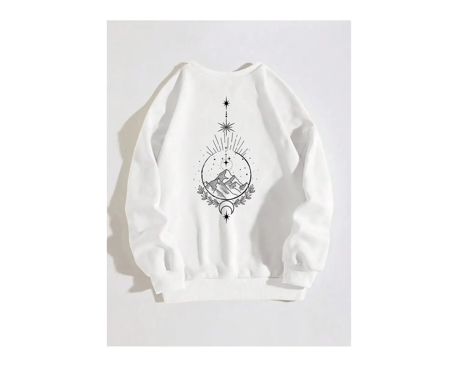 Dağ ve Güneş Desenli Damla Omuz Sweatshirt Beyaz