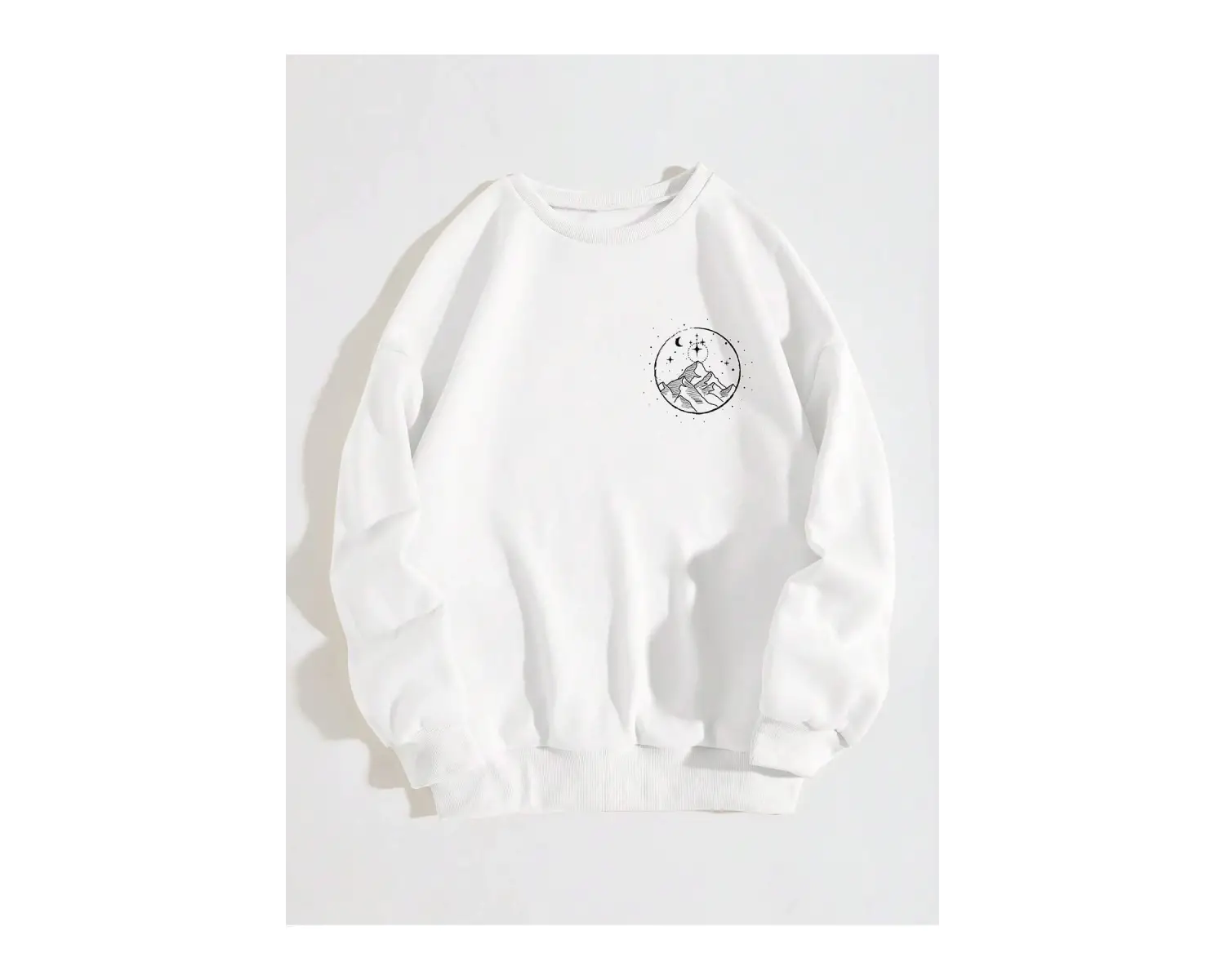 Dağ ve Güneş Desenli Damla Omuz Sweatshirt Beyaz