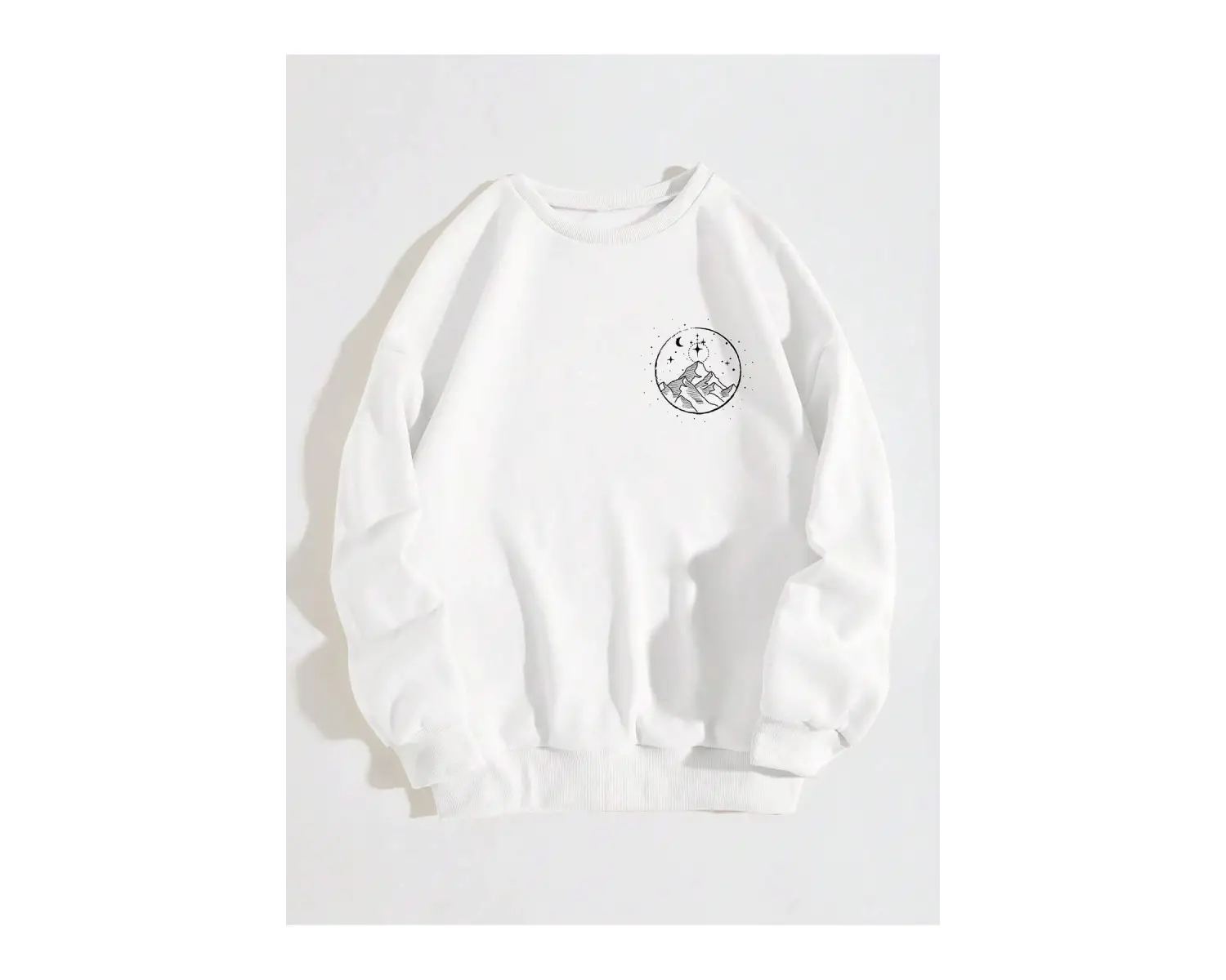 Dağ ve Güneş Desenli Damla Omuz Sweatshirt Beyaz