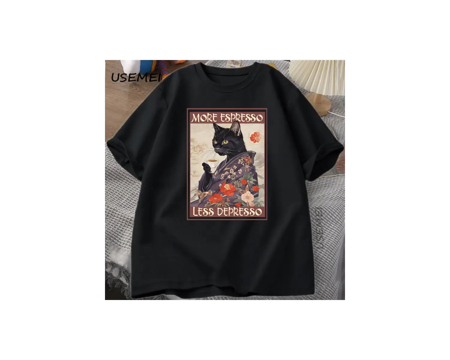 Daha fazla Espresso Daha Az Depresso Esprili T-Shirt Erkek Kadın Siyah Kedi Kahve TPa 3003