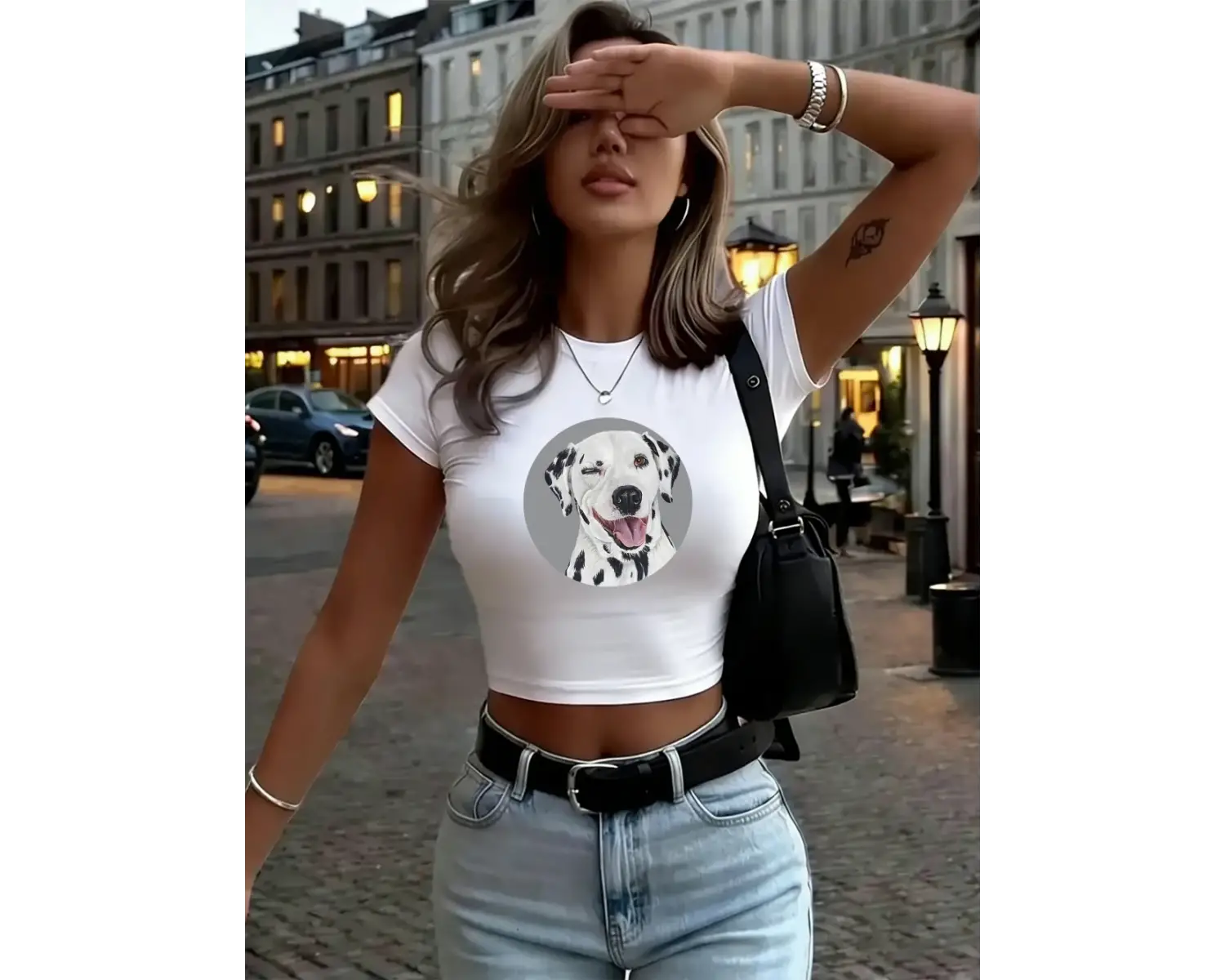 Dalmaçyalı Köpek Grafik Baskı Bayan Kırpma Üstleri Yaz O-Boyun Yumuşak Tişörtler Sokak İnce T