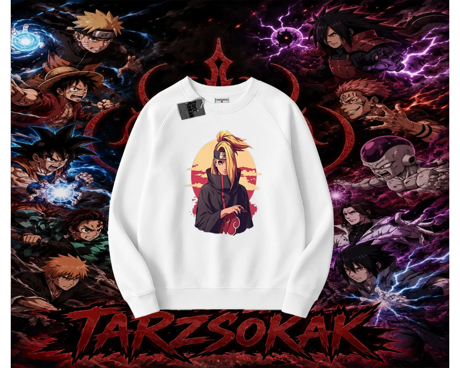 Deidara Naruto Anime Karakteri Oversize Unisex Bisiklet Yaka Sweatshirt Beyaz