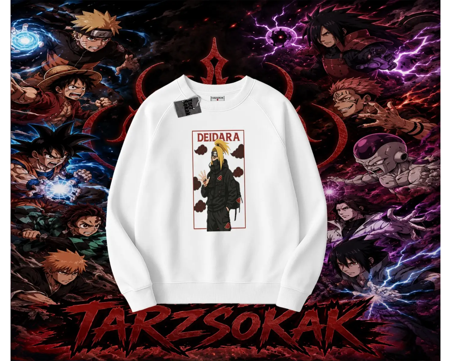 Deidara Naruto Anime Karakteri Oversize Unisex Bisiklet Yaka Sweatshirt Beyaz