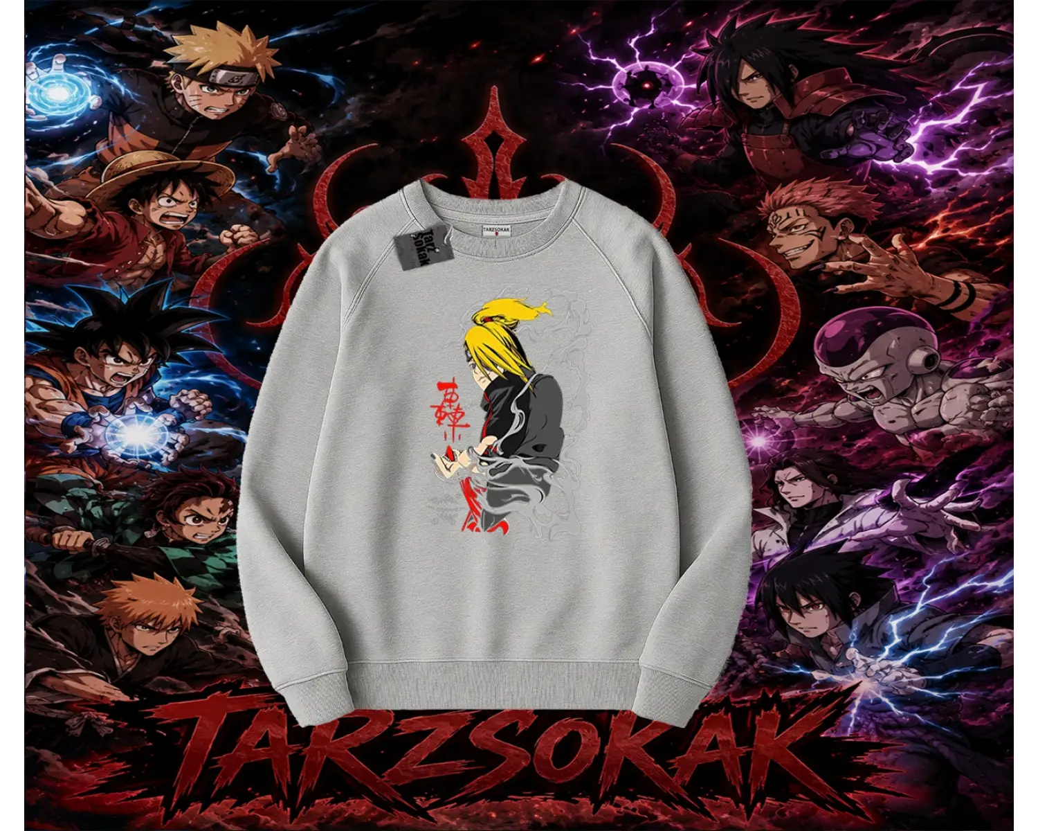 Deidara Naruto Anime Karakteri Oversize Unisex Bisiklet Yaka Sweatshirt Beyaz