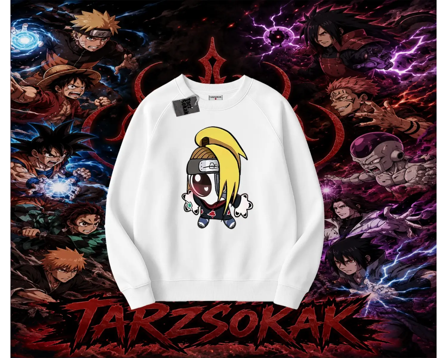 Deidara Naruto Anime Karakteri Oversize Unisex Bisiklet Yaka Sweatshirt Beyaz