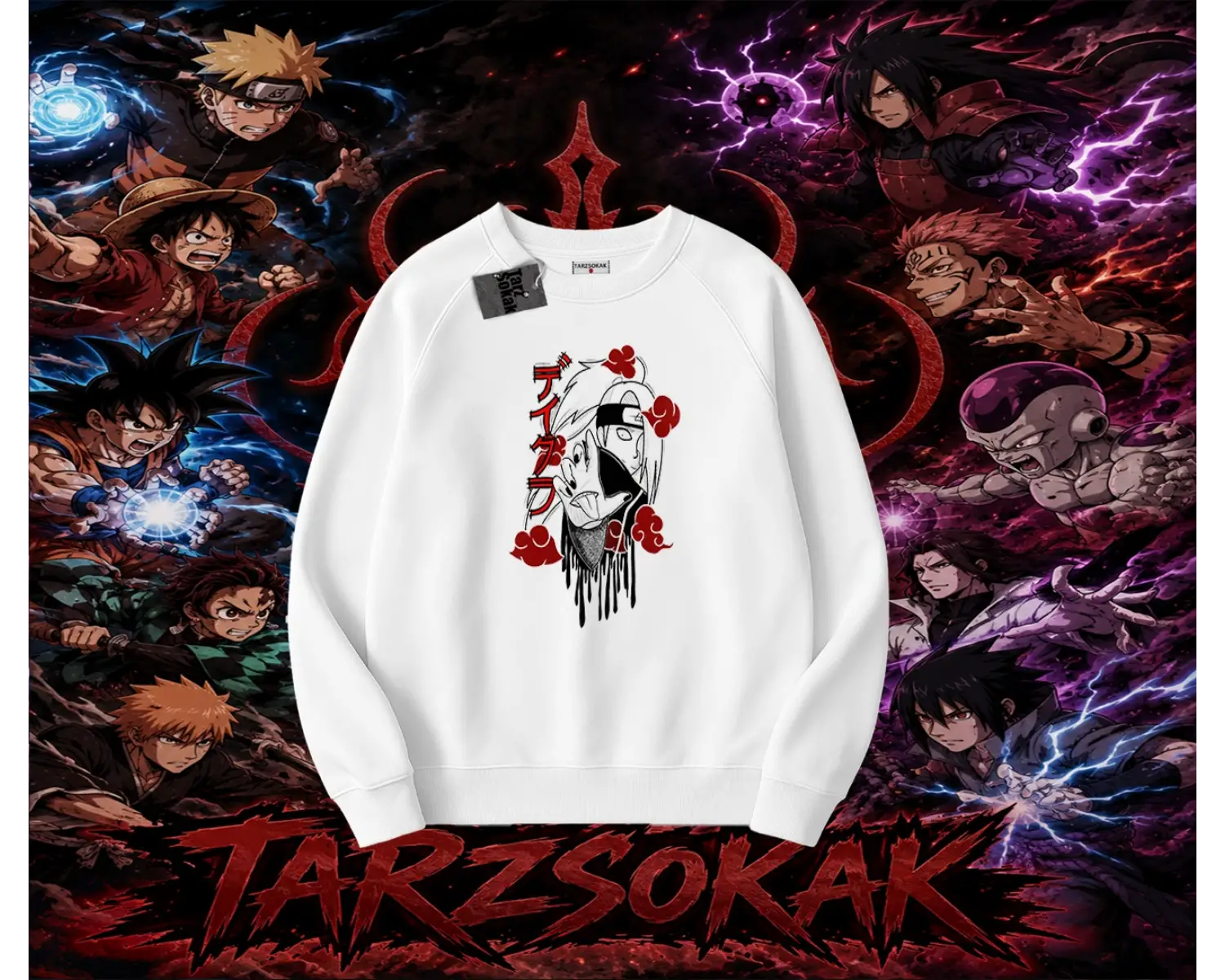 Deidara Naruto Anime Karakteri Oversize Unisex Bisiklet Yaka Sweatshirt Beyaz