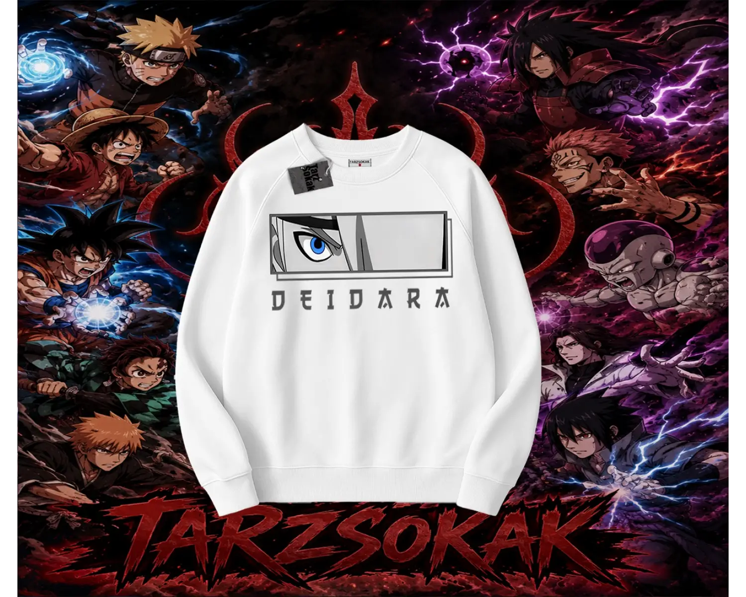Deidara Naruto Anime Karakteri Oversize Unisex Bisiklet Yaka Sweatshirt Beyaz