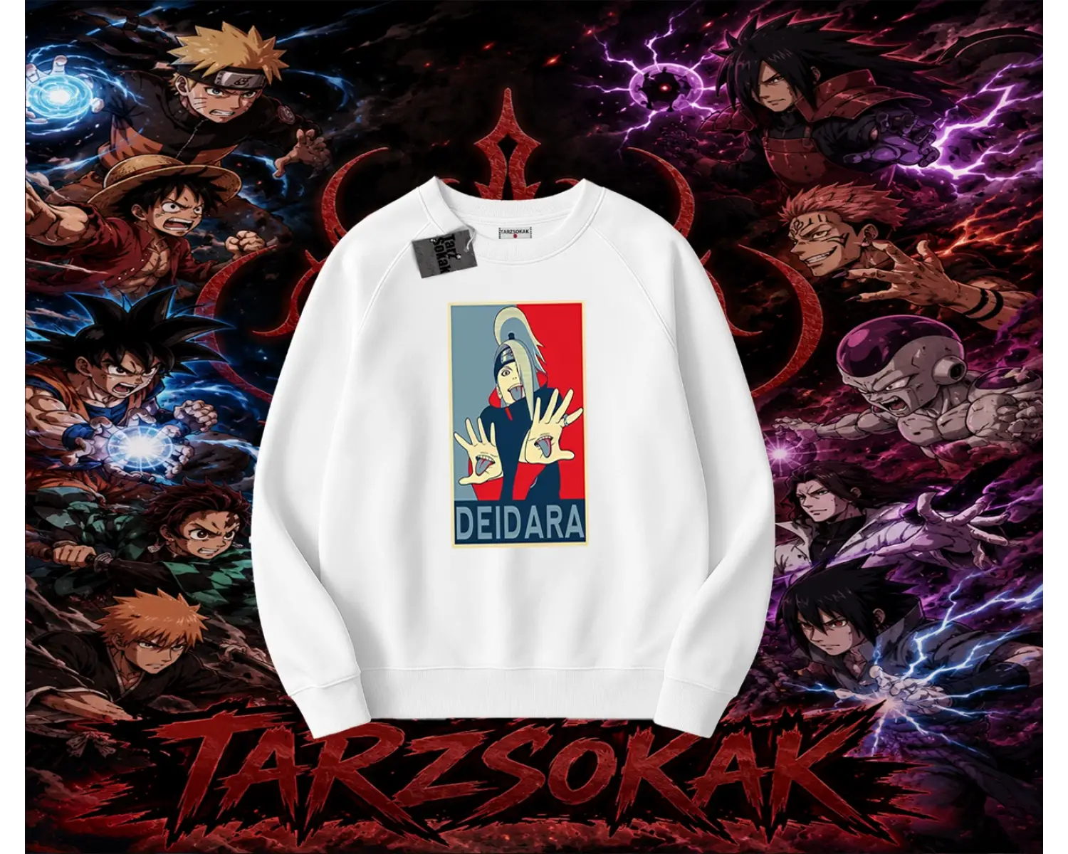 Deidara Naruto Anime Karakteri Oversize Unisex Bisiklet Yaka Sweatshirt Beyaz