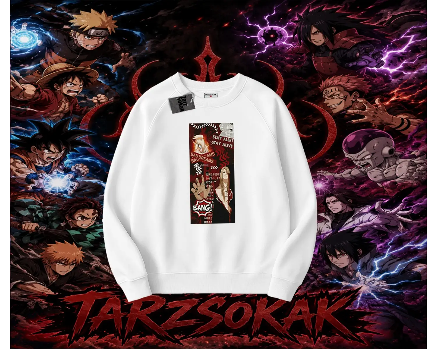 Deidara Naruto Anime Karakteri Oversize Unisex Bisiklet Yaka Sweatshirt Beyaz