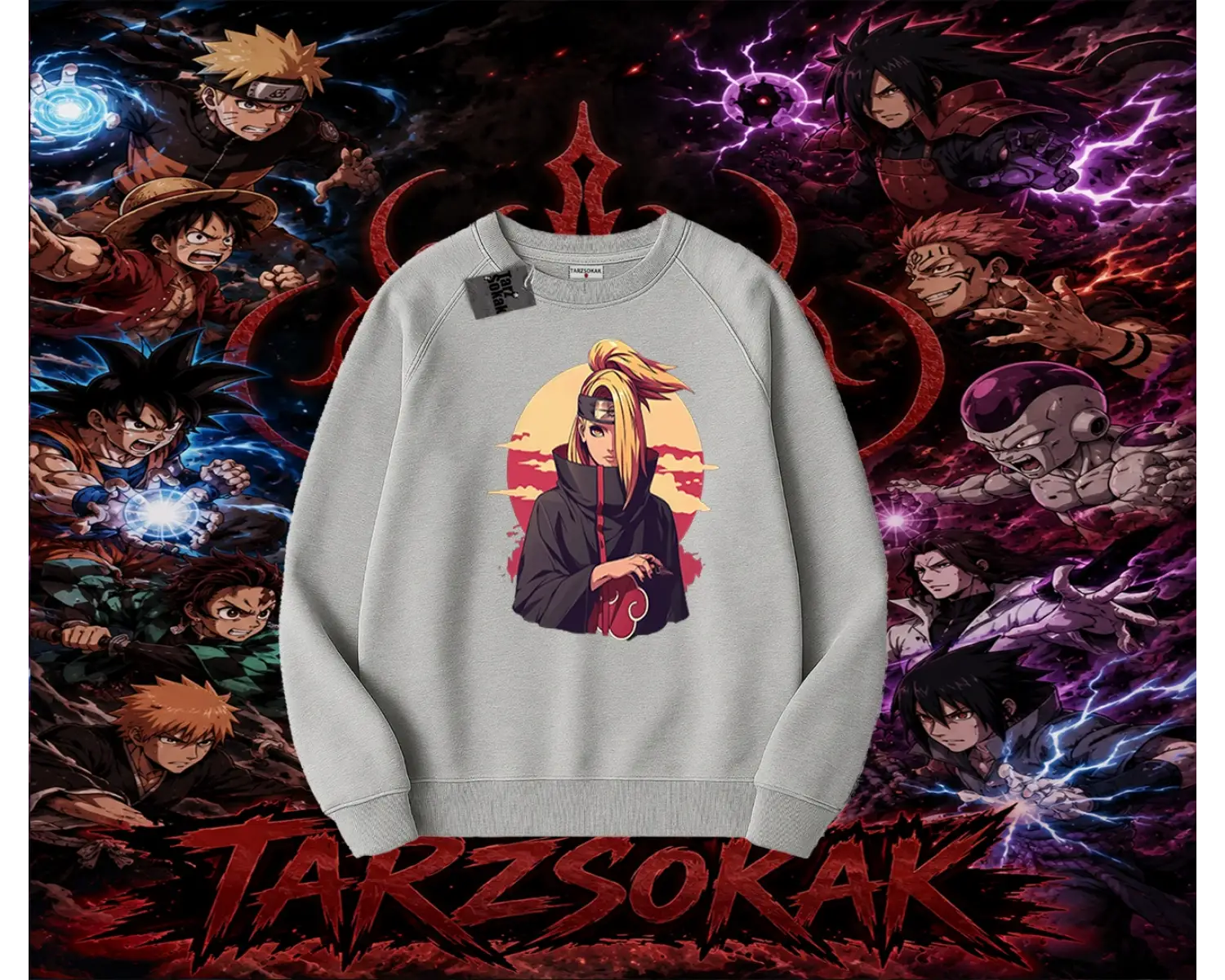 Deidara Naruto Anime Karakteri Oversize Unisex Bisiklet Yaka Sweatshirt Beyaz