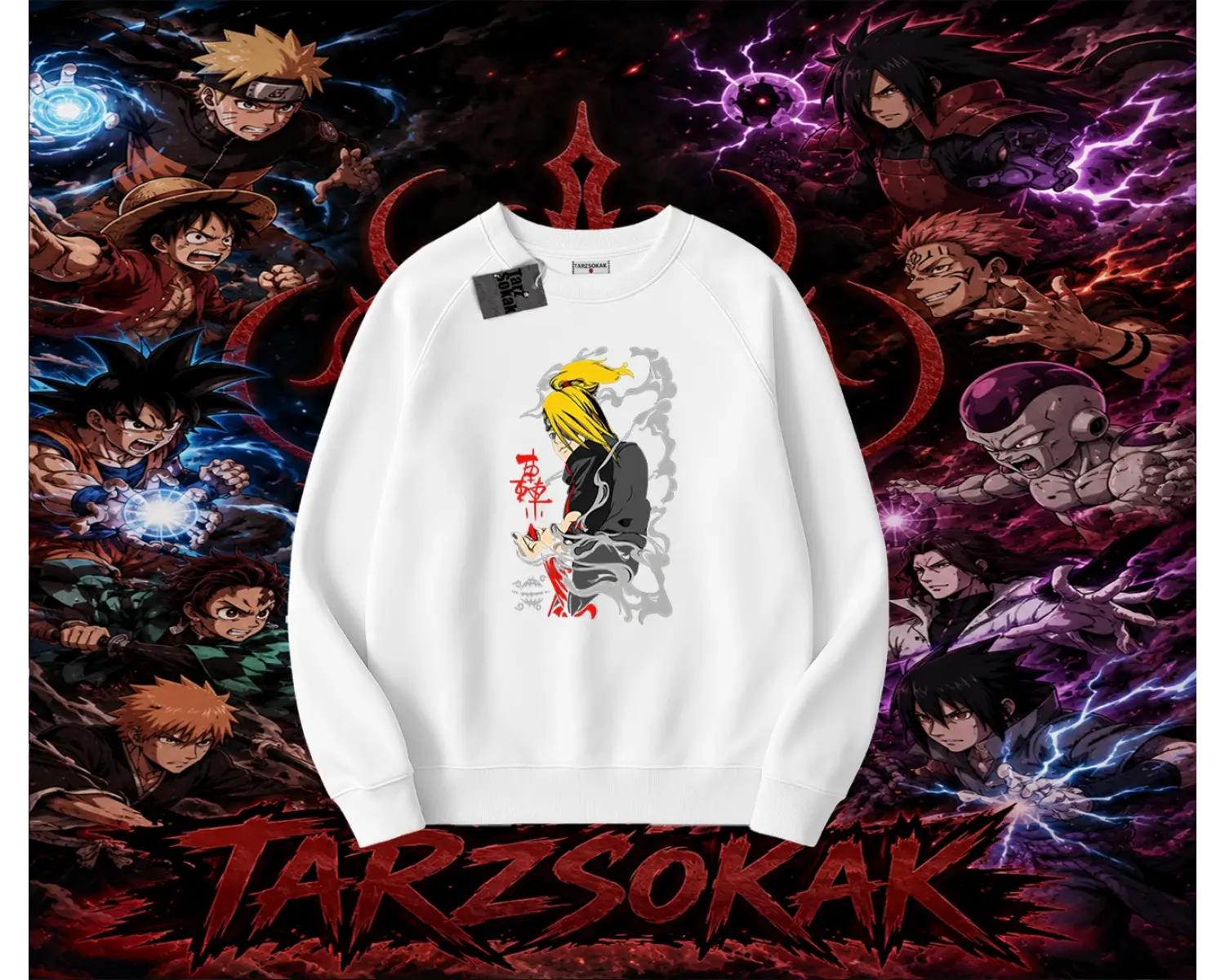 Deidara Naruto Anime Karakteri Oversize Unisex Bisiklet Yaka Sweatshirt Beyaz