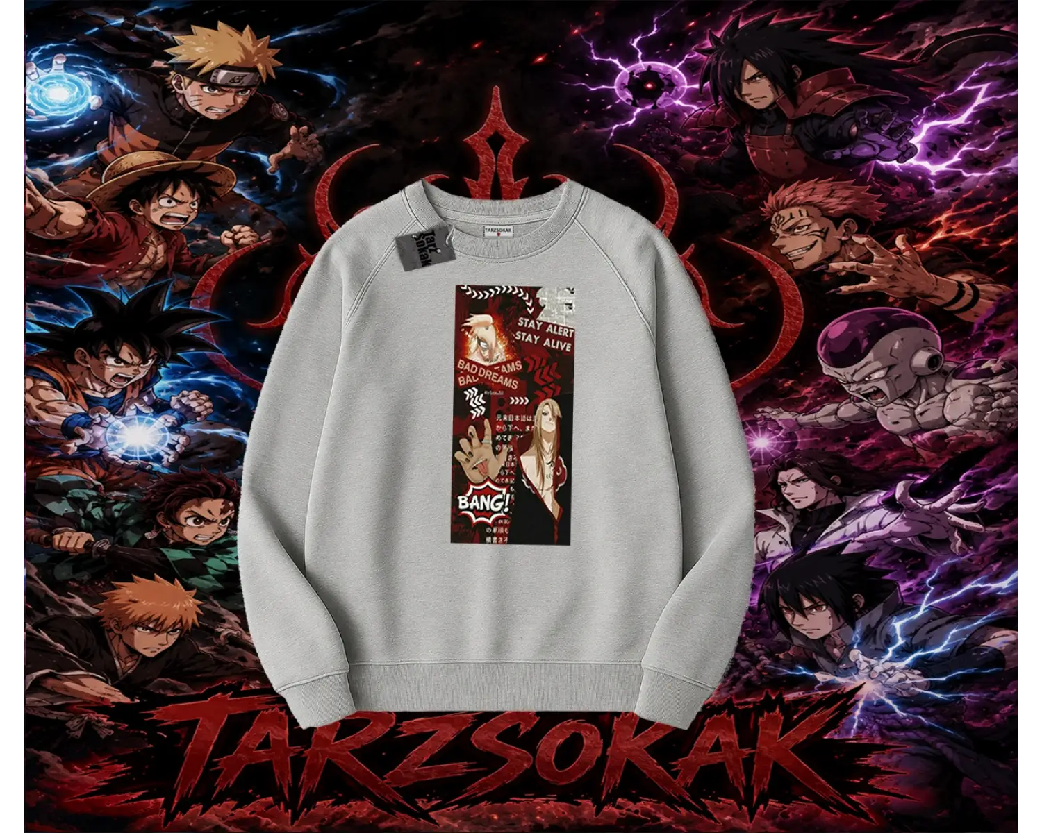 Deidara Naruto Anime Karakteri Oversize Unisex Bisiklet Yaka Sweatshirt Beyaz