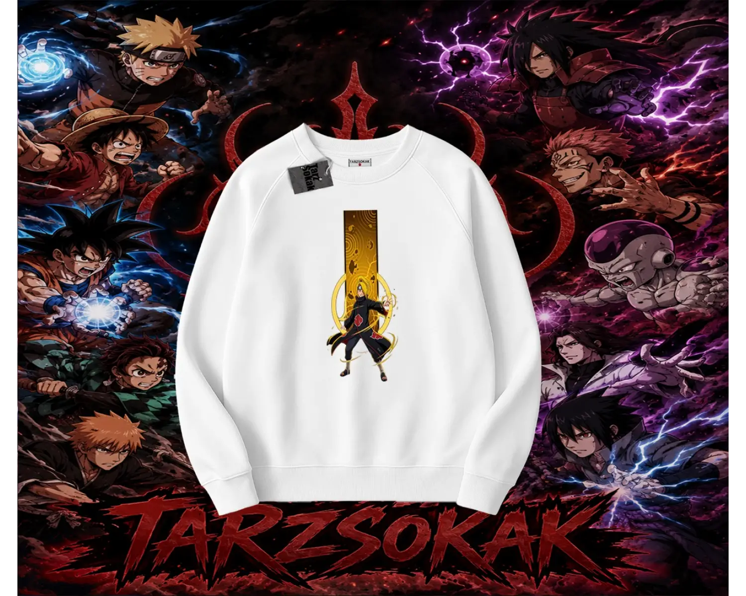 Deidara Naruto Anime Karakteri Oversize Unisex Bisiklet Yaka Sweatshirt Beyaz